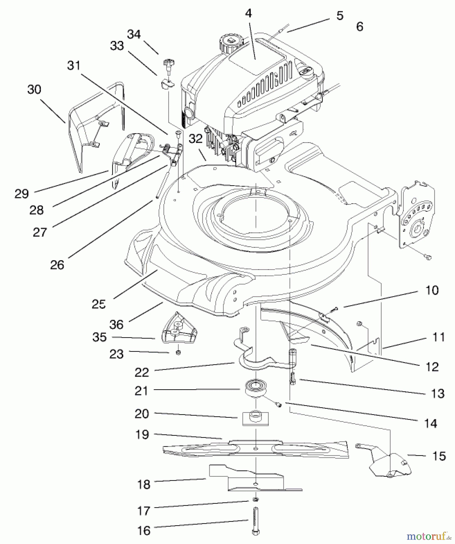  Toro Neu Mowers, Walk-Behind Seite 1 20025 - Toro Recycler Mower, With Bag, 1999 (9900001-9999999) ENGINE & BLADE ASSEMBLY