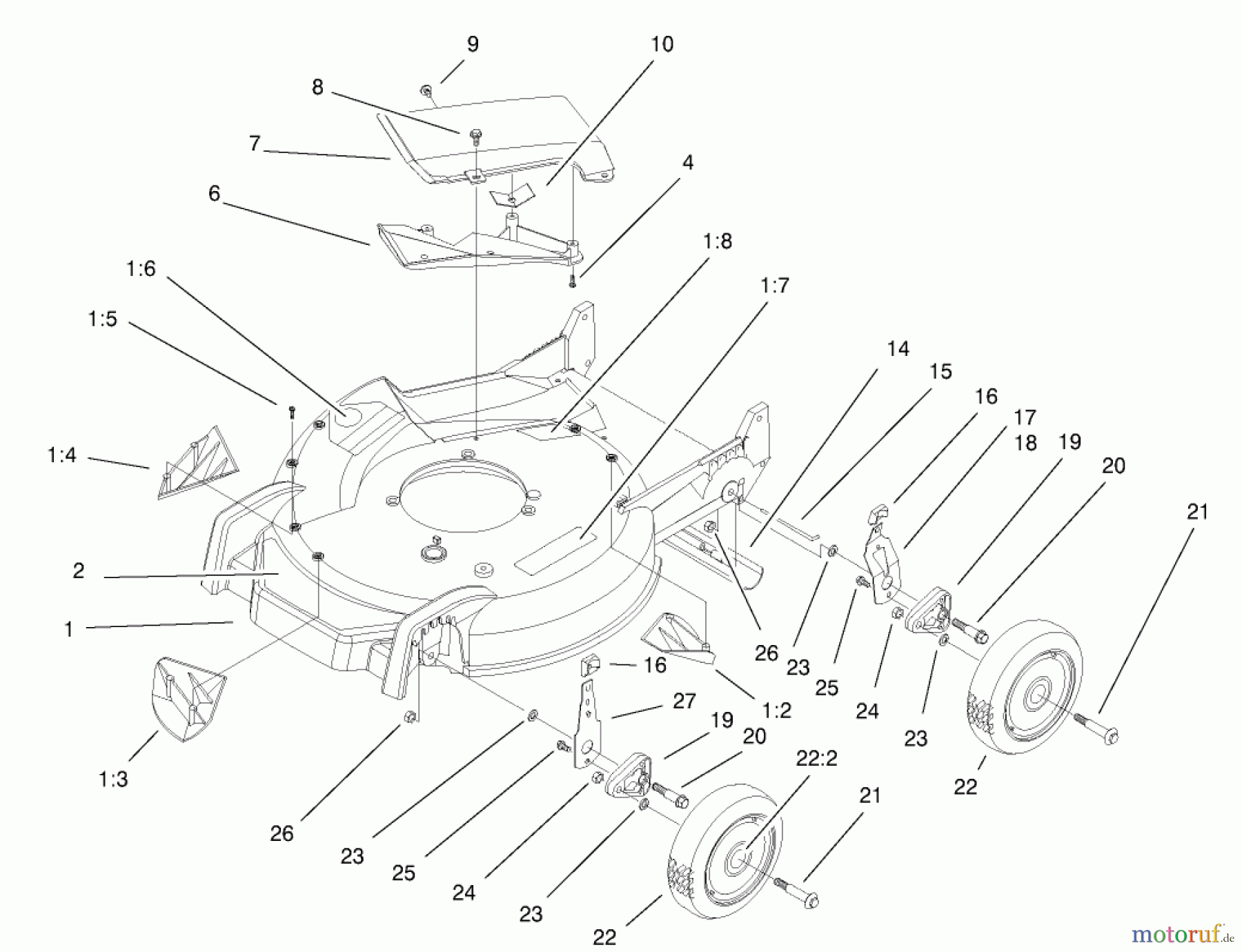  Toro Neu Mowers, Walk-Behind Seite 1 20030 (SR-21P) - Toro Super Recycler Mower, SR-21P, 2000 (200000001-200999999) HOUSING, HANDLE BRACKETS & WHEEL ASSEMBLY