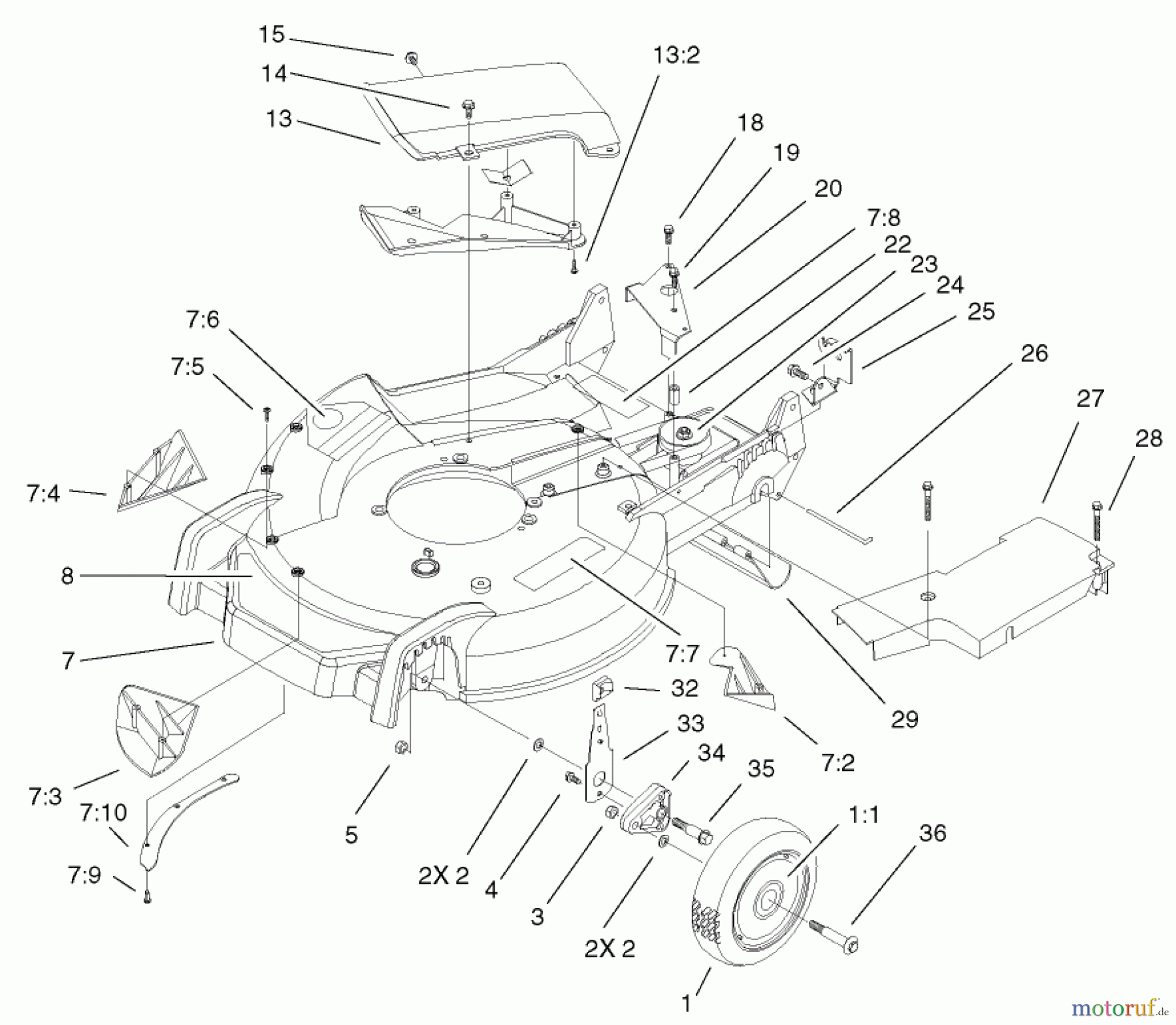  Toro Neu Mowers, Walk-Behind Seite 1 20037 - Toro Super Recycler Mower with Bag, 2002 (220000001-220999999) HOUSING AND WHEEL ASSEMBLY