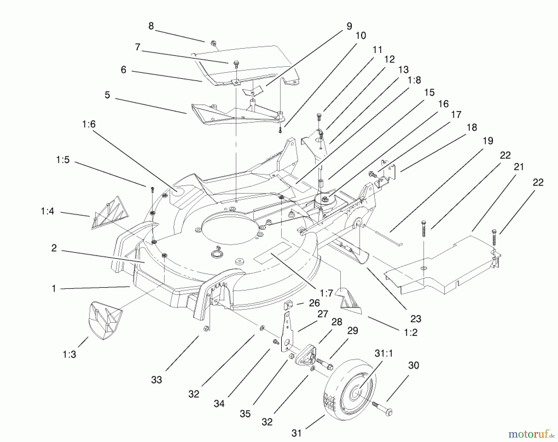  Toro Neu Mowers, Walk-Behind Seite 1 20043 (SR-21SB) - Toro Super Recycler Mower, SR-21SB, 2000 (200000001-200999999) HOUSING, HANDLE BRACKETS, & WHEEL ASSEMBLY