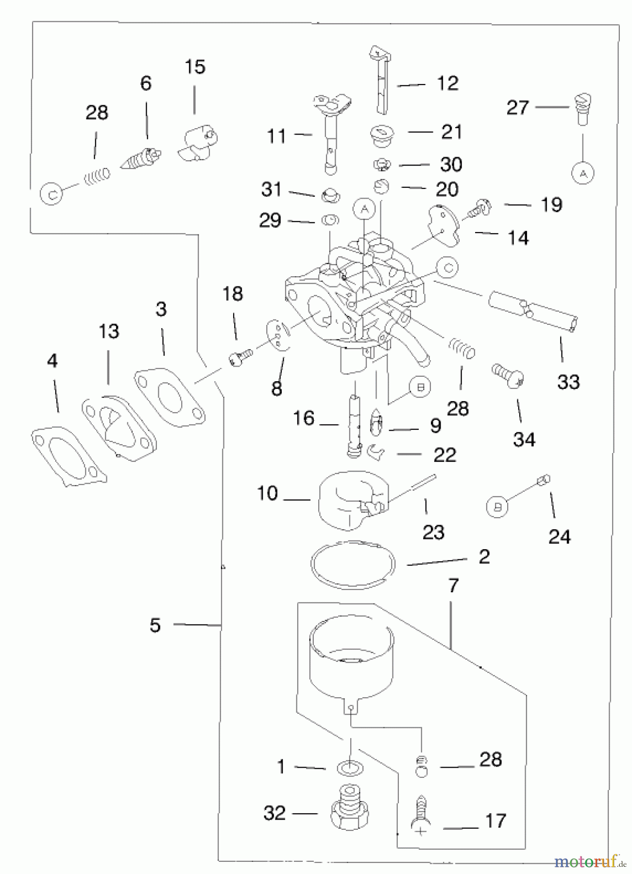  Toro Neu Mowers, Walk-Behind Seite 1 20044 (SR-21OS) - Toro Super Recycler Mower, SR-21OS, 1999 (99000001-99999999) CARBURETOR ASSEMBLY