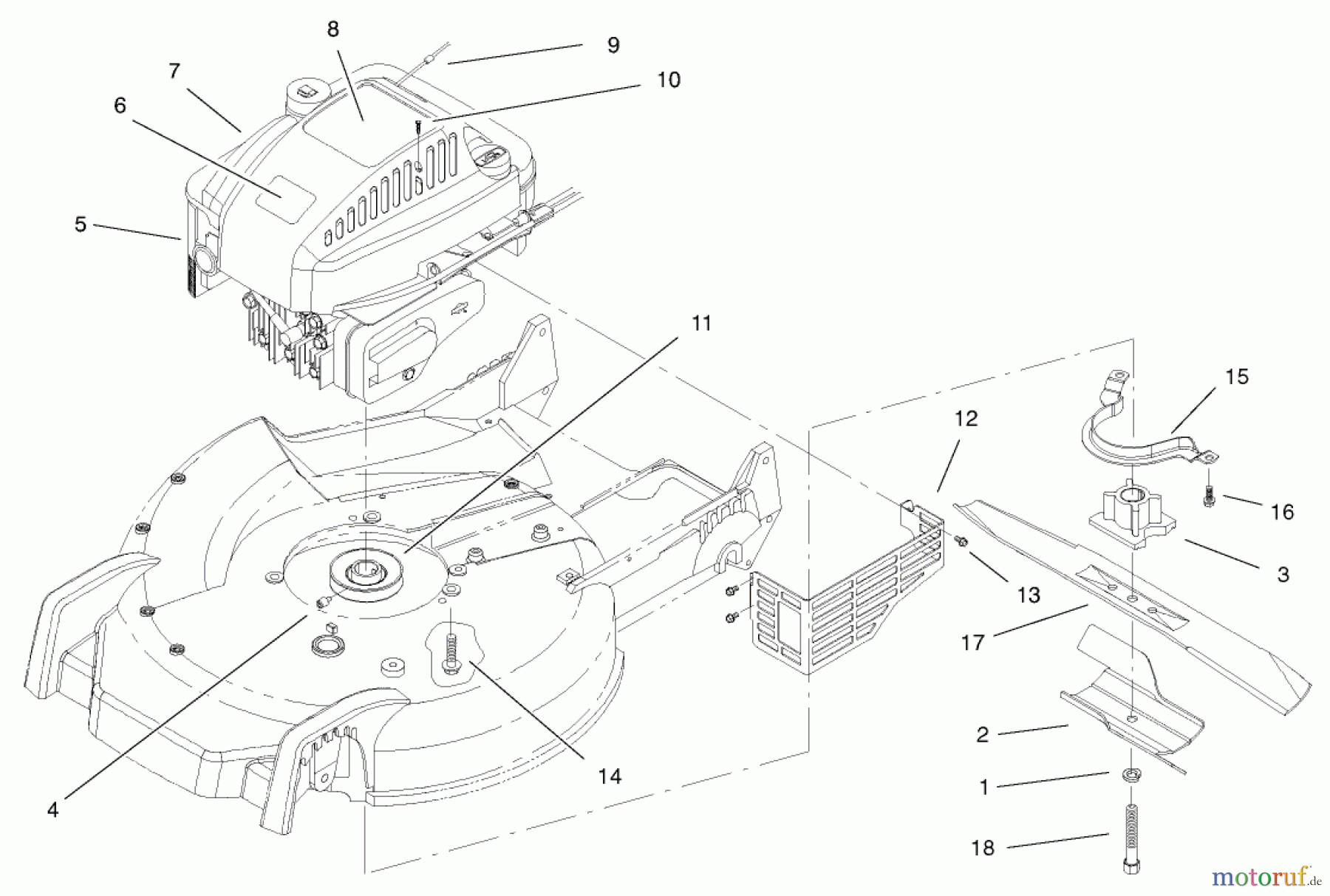 Toro Neu Mowers, Walk-Behind Seite 1 20045 (SR-21SE) - Toro Super Recycler Mower, SR-21SE, 2001 (210000001-210999999) ENGINE AND BLADE ASSEMBLY