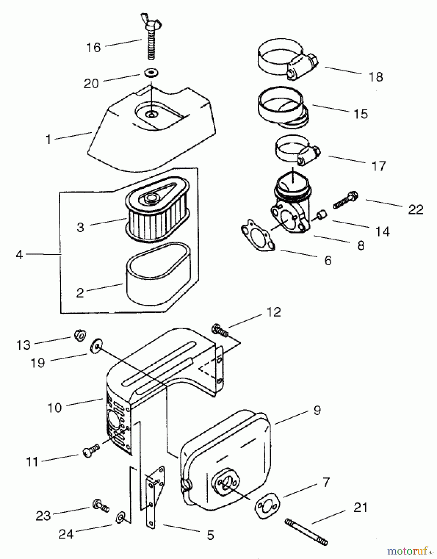  Toro Neu Mowers, Walk-Behind Seite 1 20046 (SR-21OSK) - Toro Super Recycler Mower, SR-21OSK, 2001 (210000001-210999999) AIR FILTER/MUFFLER ASSEMBLY
