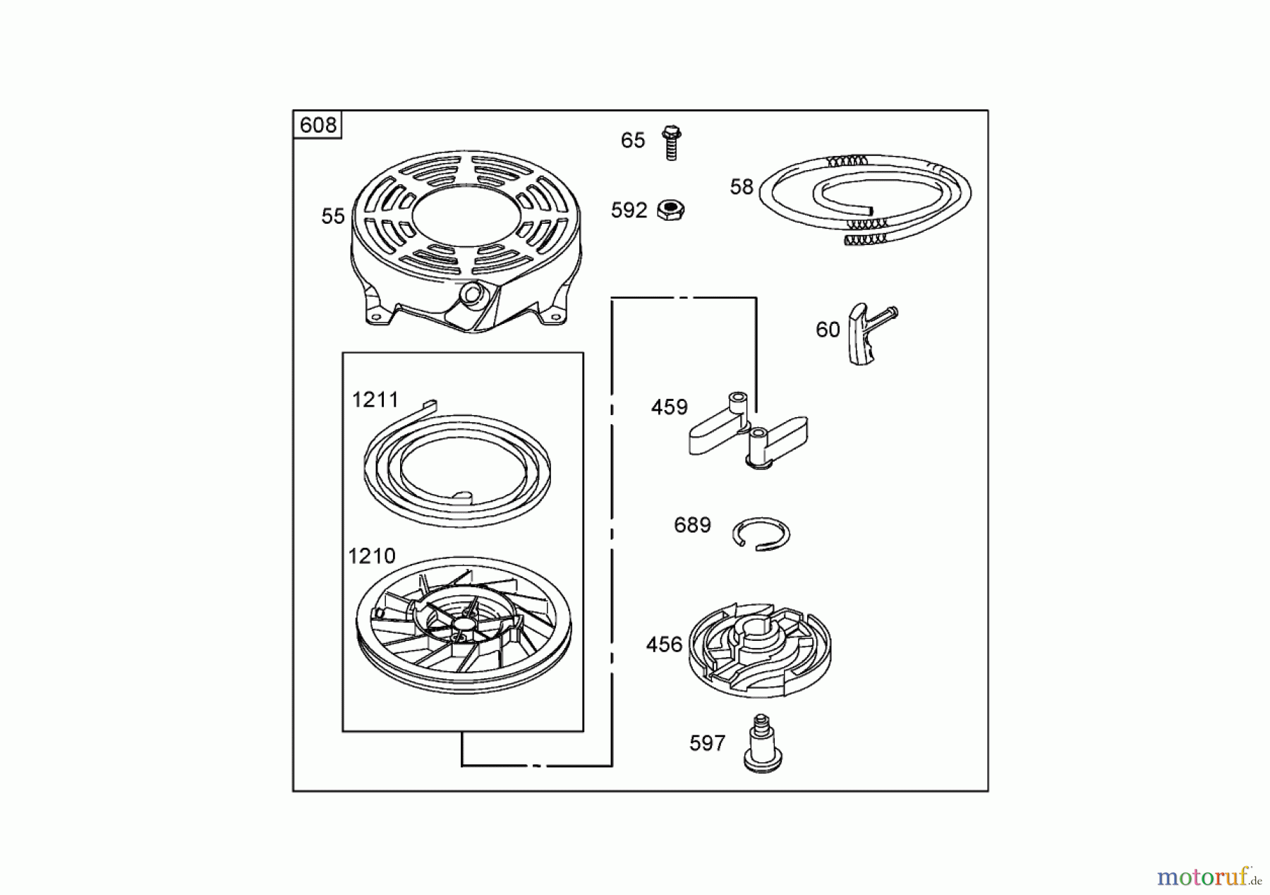  Toro Neu Mowers, Walk-Behind Seite 1 20058 - Toro Super Recycler Lawn Mower, 2006 (260000001-260999999) REWIND STARTER ASSEMBLY BRIGGS AND STRATTON 125K07-0188-E1