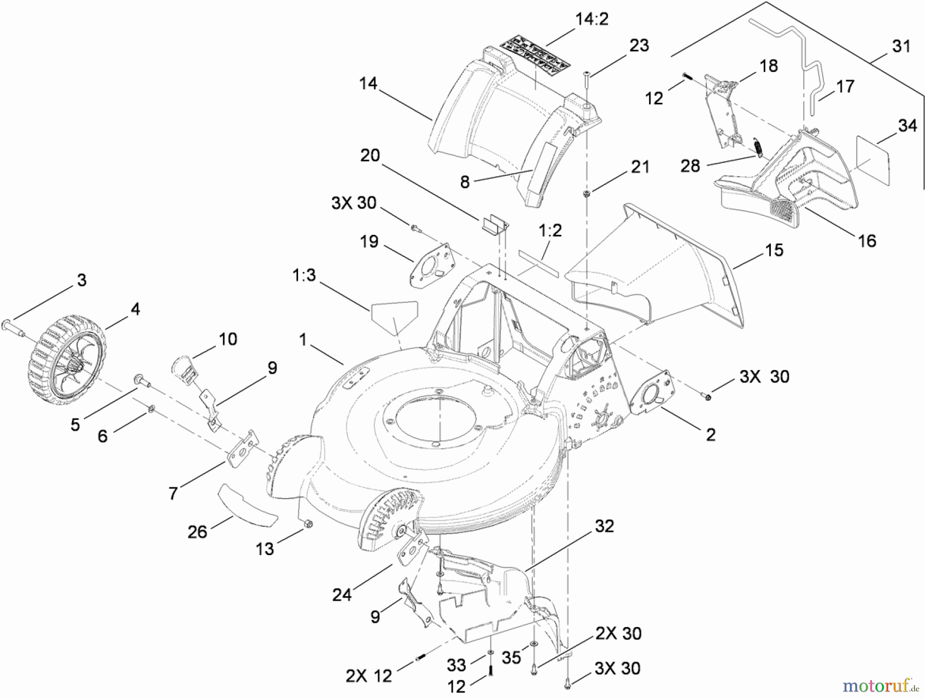  Toro Neu Mowers, Walk-Behind Seite 1 20194 - Toro Super Bagger Lawn Mower, 2009 (290000001-290999999) DECK HOUSING, FRONT WHEEL AND REAR DOOR ASSEMBLY
