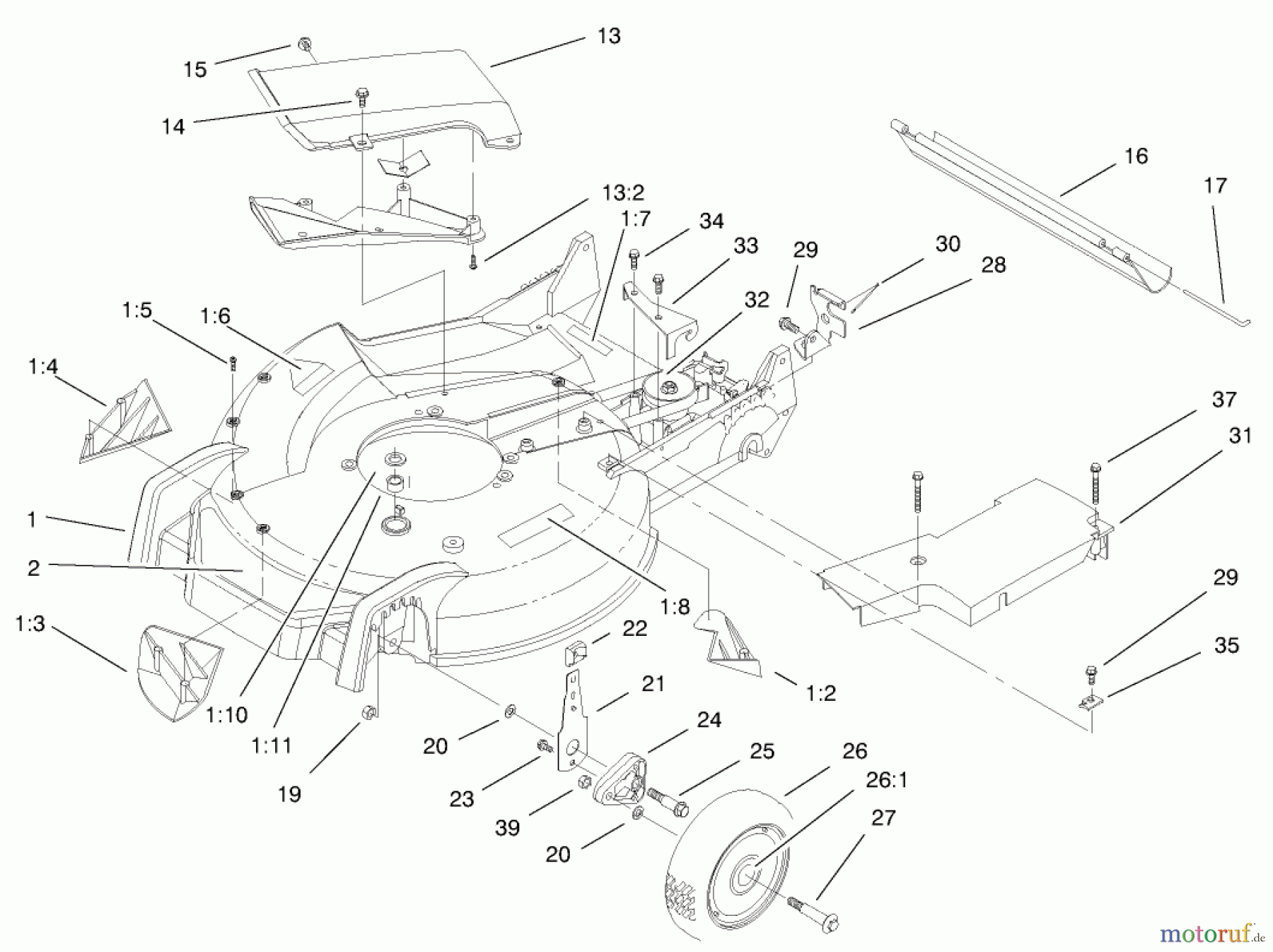  Toro Neu Mowers, Walk-Behind Seite 1 20487 (SR-21OSBB) - Toro Super Recycler Mower, SR-21OSBB, 2001 (210000001-210999999) HOUSING, HANDLE BRACKET AND WHEEL ASSEMBLY