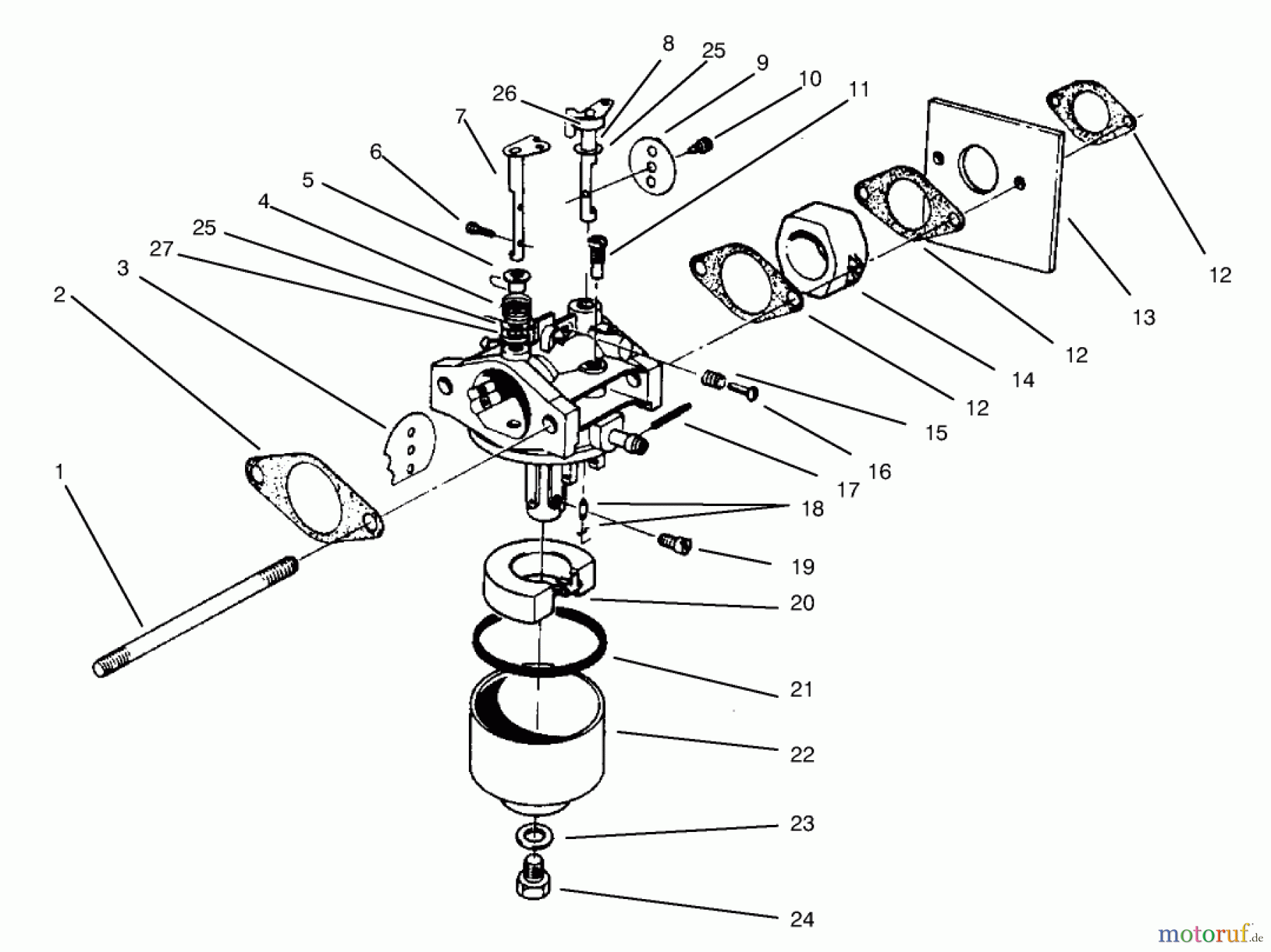 Toro Neu Mowers, Walk-Behind Seite 2 22038 - Toro Lawnmower, 1997 (7900001-7999999) CARBURETOR ASSEMBLY (MODEL NO. 47PS5-3)(MODEL NO. 22038B)(MODEL NO. 47PT6-3)(MODEL NO. 22038)
