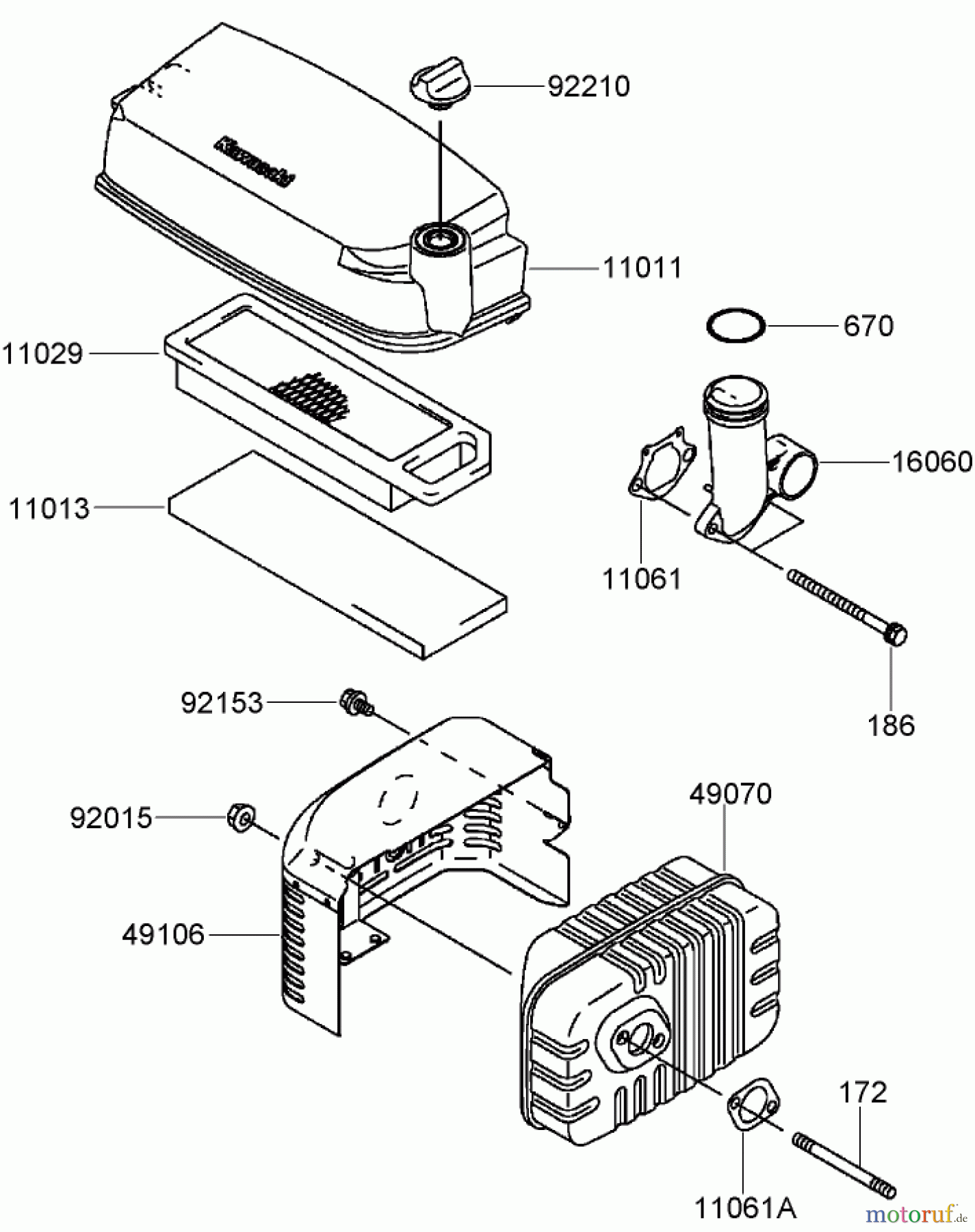  Toro Neu Mowers, Walk-Behind Seite 2 22163 (PT21) - Toro PT21 Trim Mower, 2008 (280000001-280999999) AIR FILTER AND MUFFLER ASSEMBLY KAWASAKI FJ180V-AS28