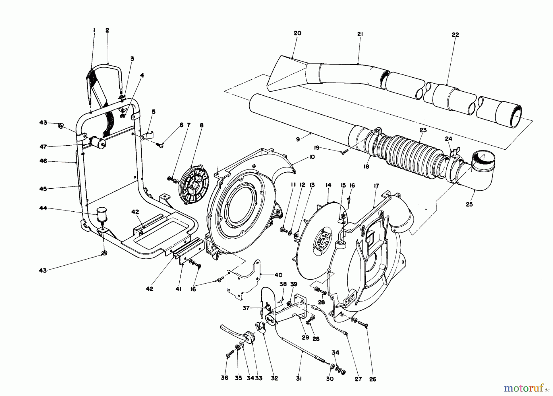 Toro Neu Blowers/Vacuums/Chippers/Shredders 30940 - Toro 40cc Back Pack Blower, 1984 (4000001-4999999) BACK PACK AND BLOWER HOUSING ASSEMBLY