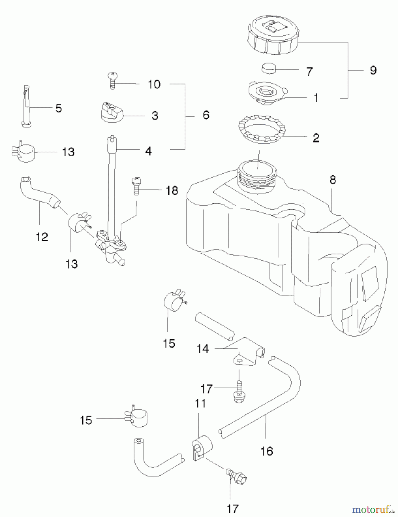  Toro Neu Mowers, Walk-Behind Seite 2 22171 - Toro Recycler Mower, 2003 (230000001-230999999) FUEL TANK AND FUEL VALVE ASSEMBLY