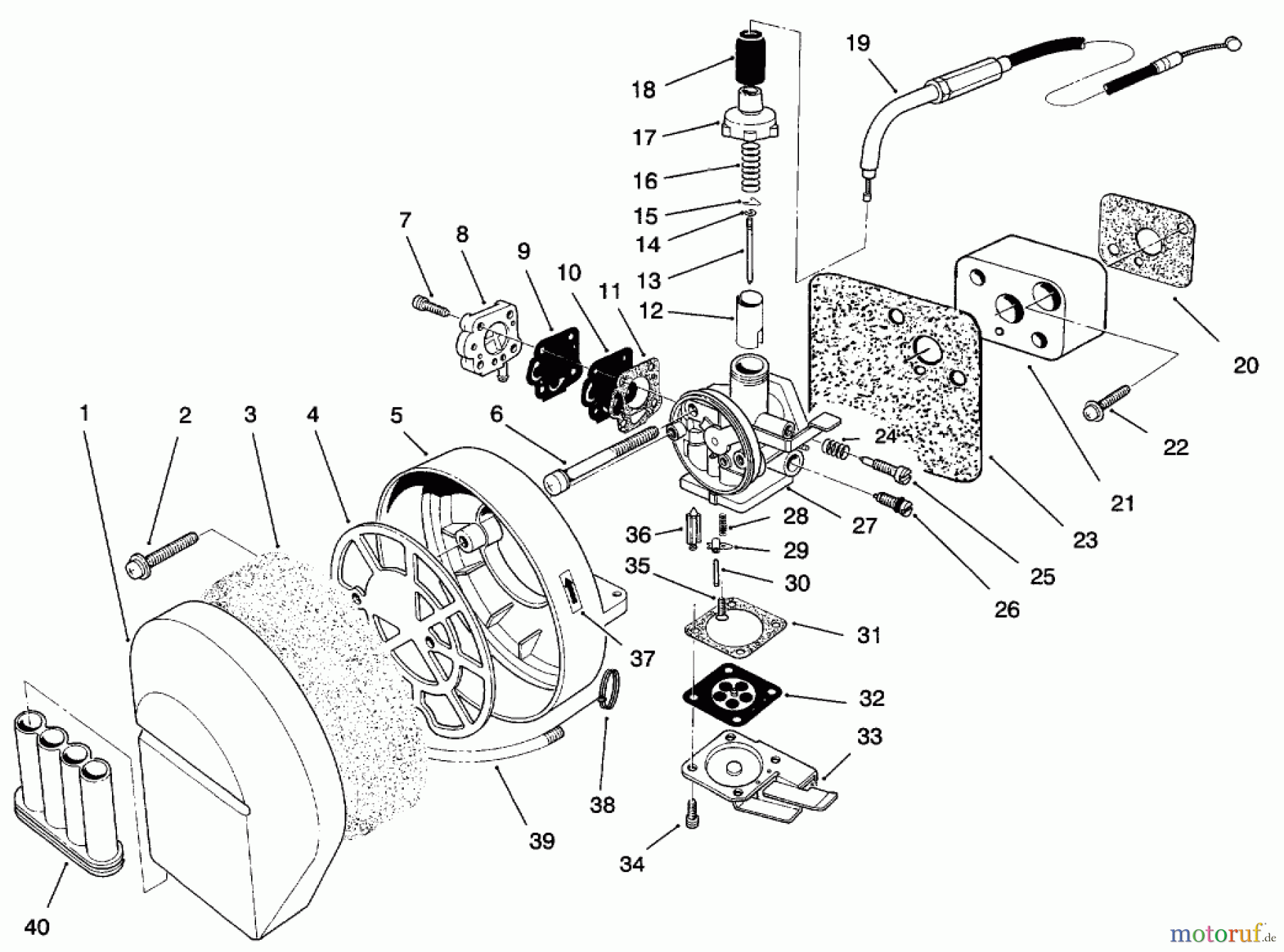  Toro Neu Blowers/Vacuums/Chippers/Shredders 30941 - Toro 41cc Back Pack Blower, 1998 (89000001-89999999) CARBURETOR & AIR CLEANER ASSEMBLY