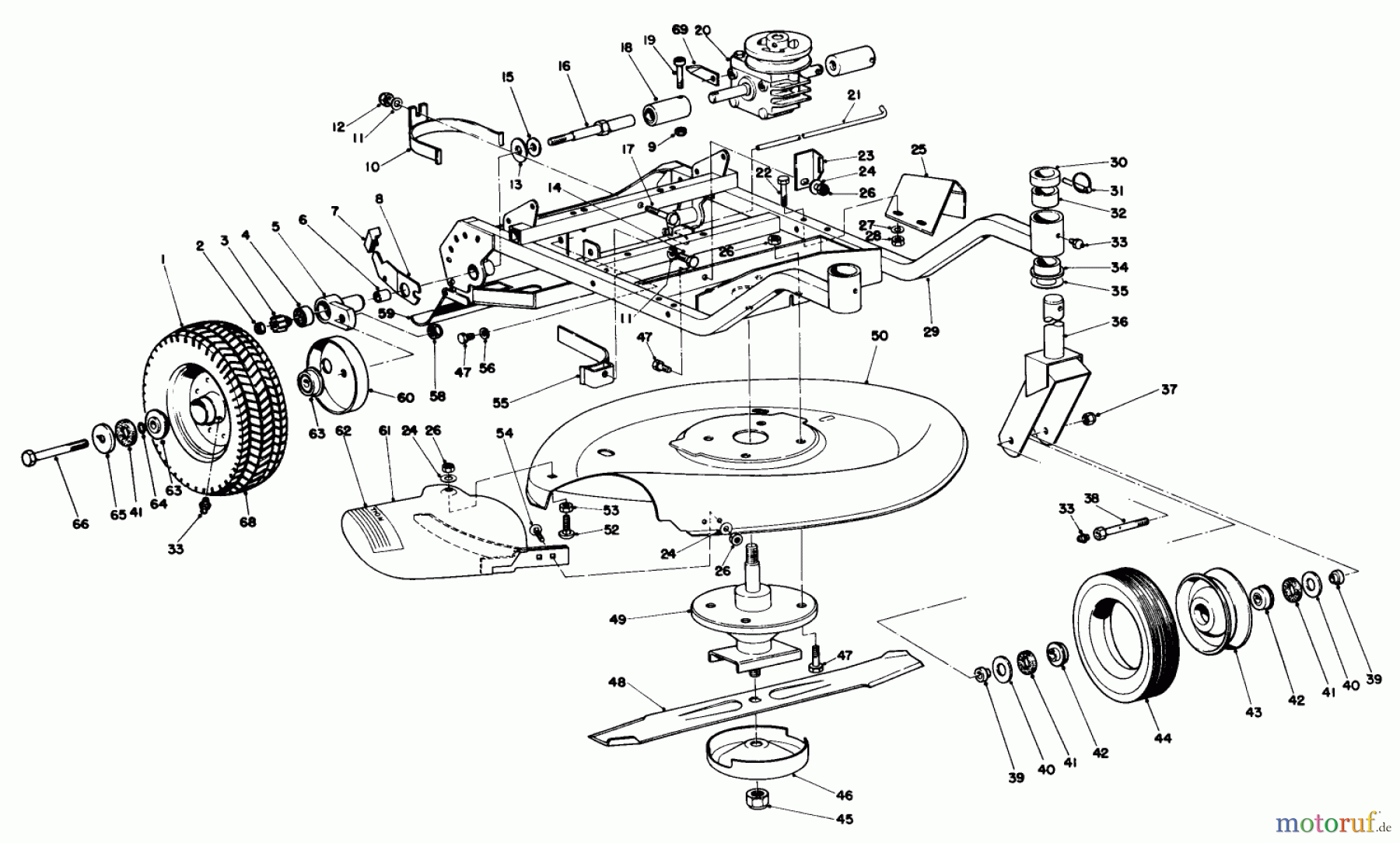 Toro Neu Mowers, Wide-Area Walk-Behind 23267 - Toro Lawnmower, 1979 (9000001-9999999) FRAME AND CUTTER HOUSING ASSEMBLY