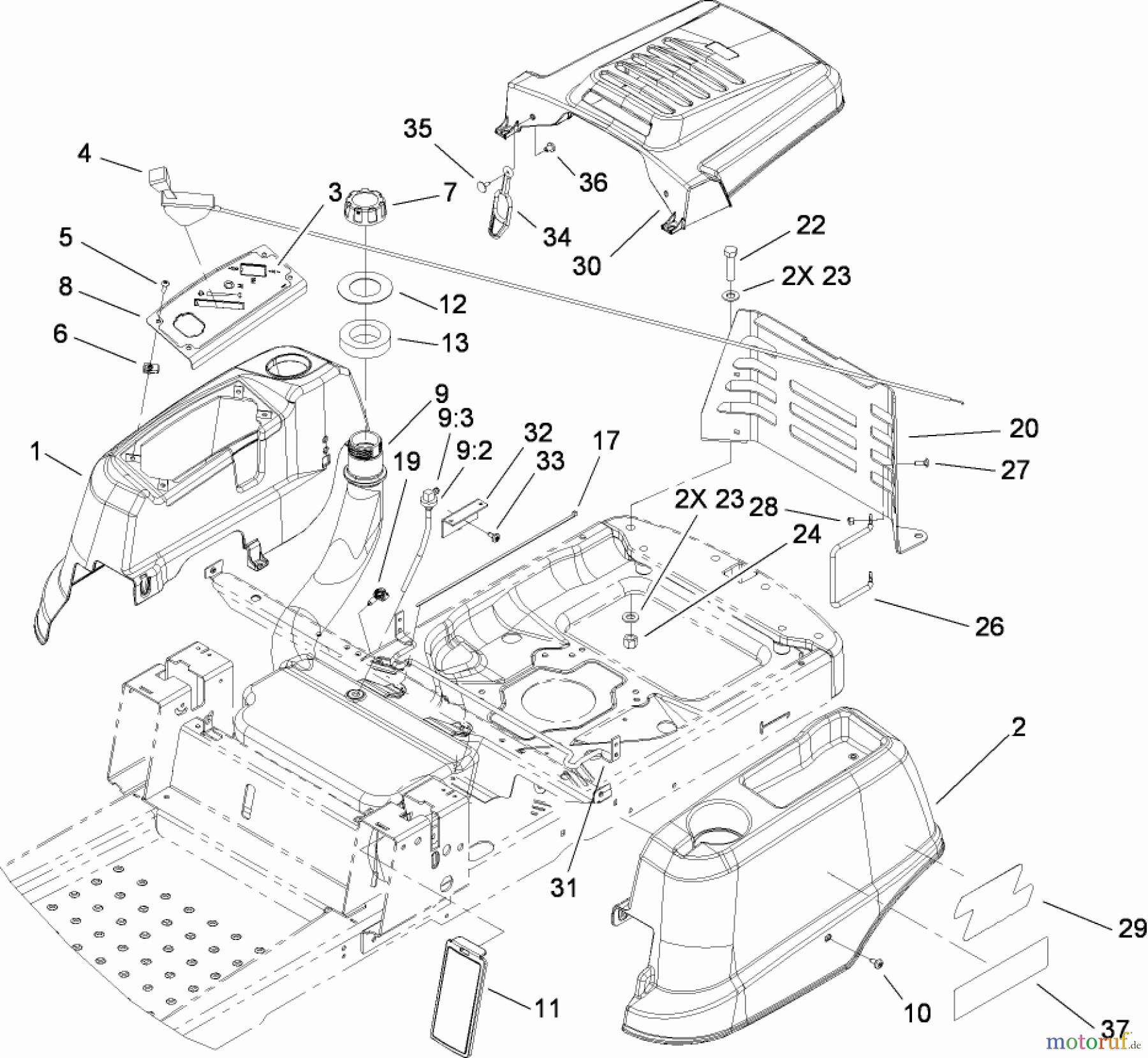 Toro Neu Mowers, Zero-Turn 136E (RZT420H) - Toro RZT420H Riding Mower, 2008 (280000001-280999999) STYLING AND FUEL SYSTEM ASSEMBLY