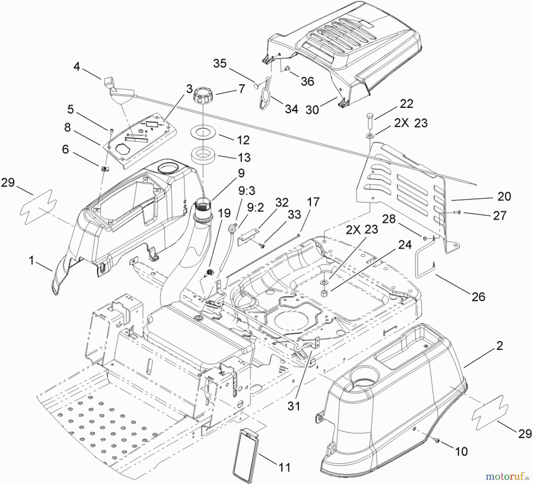 Toro Neu Mowers, Zero-Turn 136E (RZT420H) - Toro RZT420H Riding Mower, 2009 (290000001-290999999) STYLING AND FUEL SYSTEM ASSEMBLY