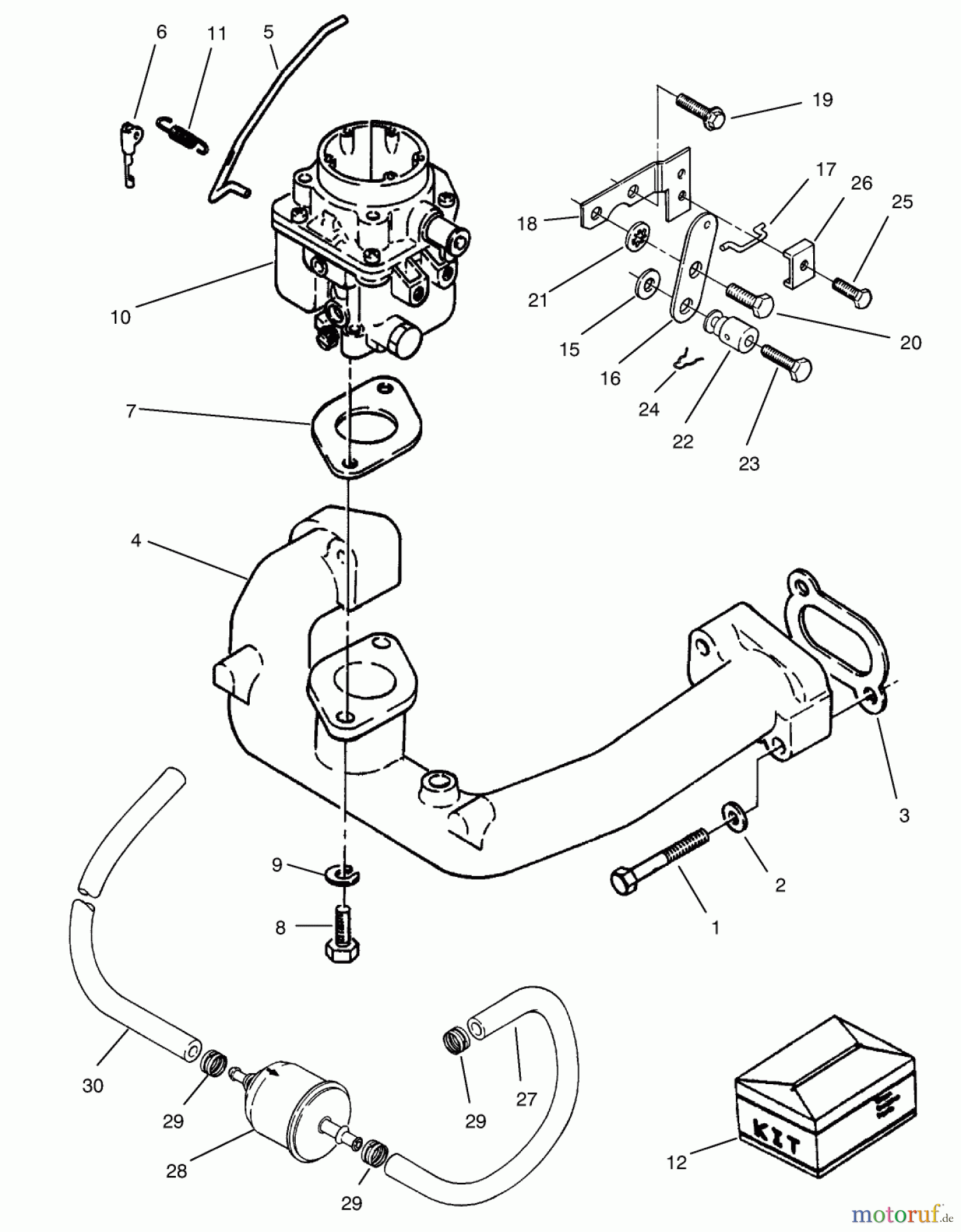 Toro Neu Mowers, Zero-Turn 74041 (616-Z) - Toro 616-Z Tractor, 1994 (49000001-49999999) CARBURETOR & INTAKE MANIFOLD ASSEMBLY