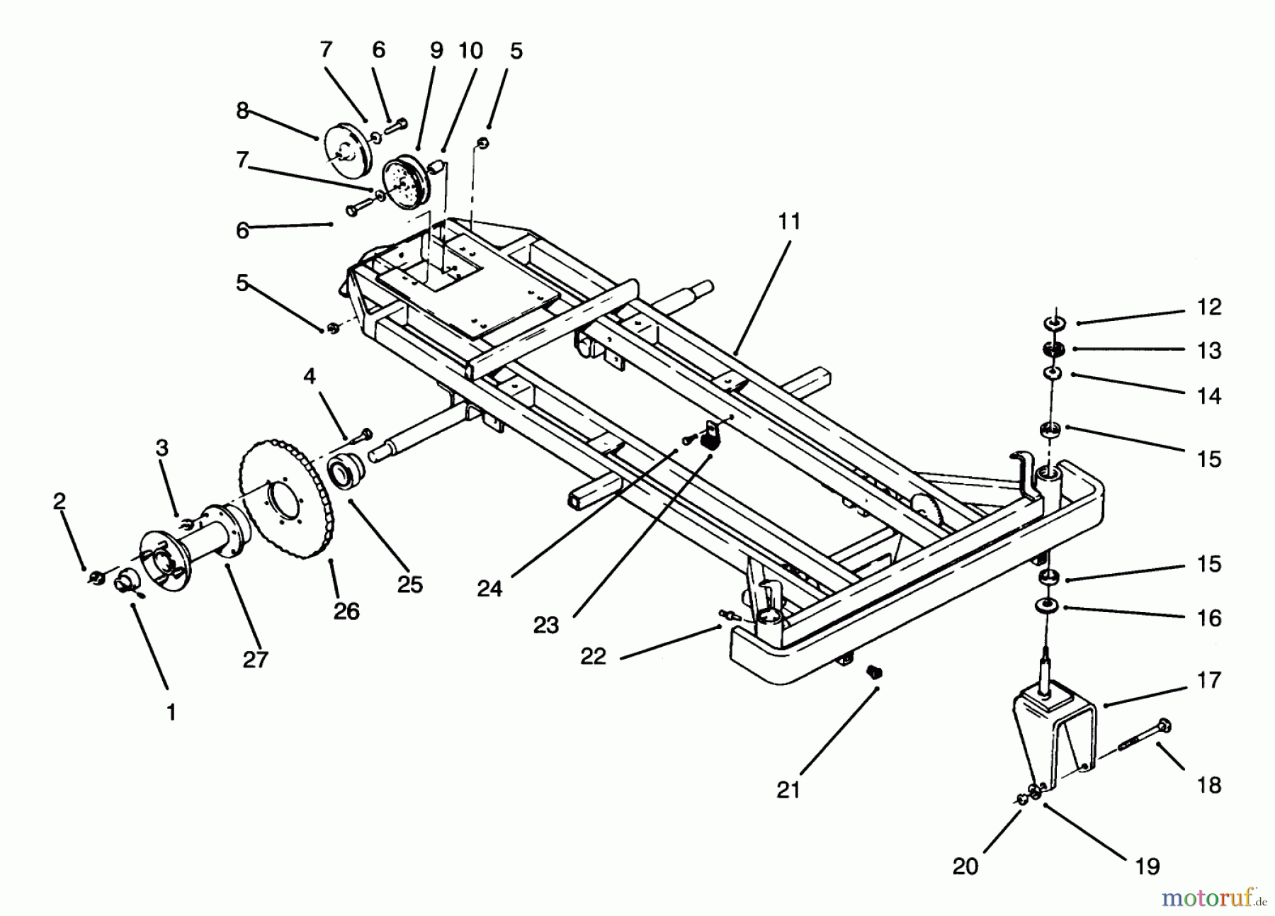 Toro Neu Mowers, Zero-Turn 74140 (724-Z) - Toro 724-Z Tractor, 1994 (49000001-49999999) FRAME, REAR HUB AND FRONT WHEEL FORK