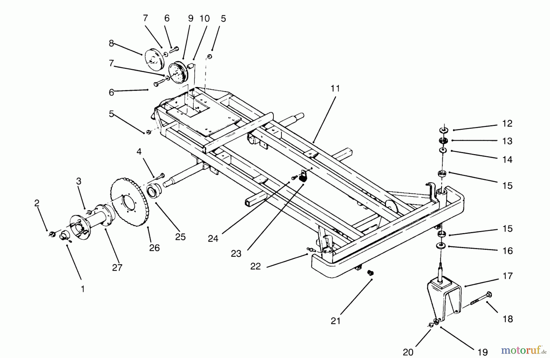 Toro Neu Mowers, Zero-Turn 74140 (724-Z) - Toro 724-Z Tractor, 1995 (590001-599999) FRAME, REAR HUB AND FRONT WHEEL FORK