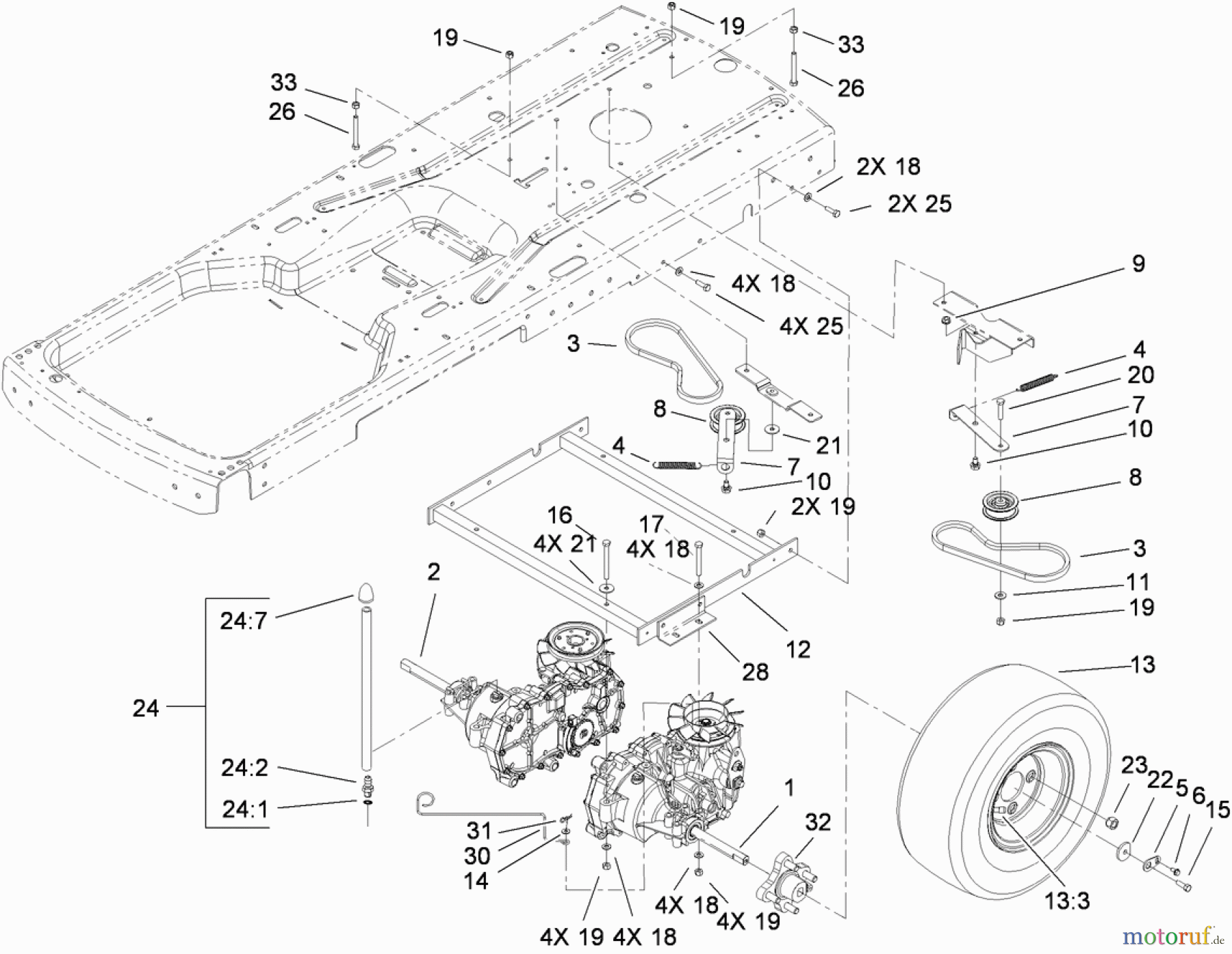 Toro Neu Mowers, Zero-Turn 74301 (Z380) - Toro TimeCutter Z380 Riding Mower, 2005 (250000001-250999999) HYDRO AND BELT DRIVE ASSEMBLY