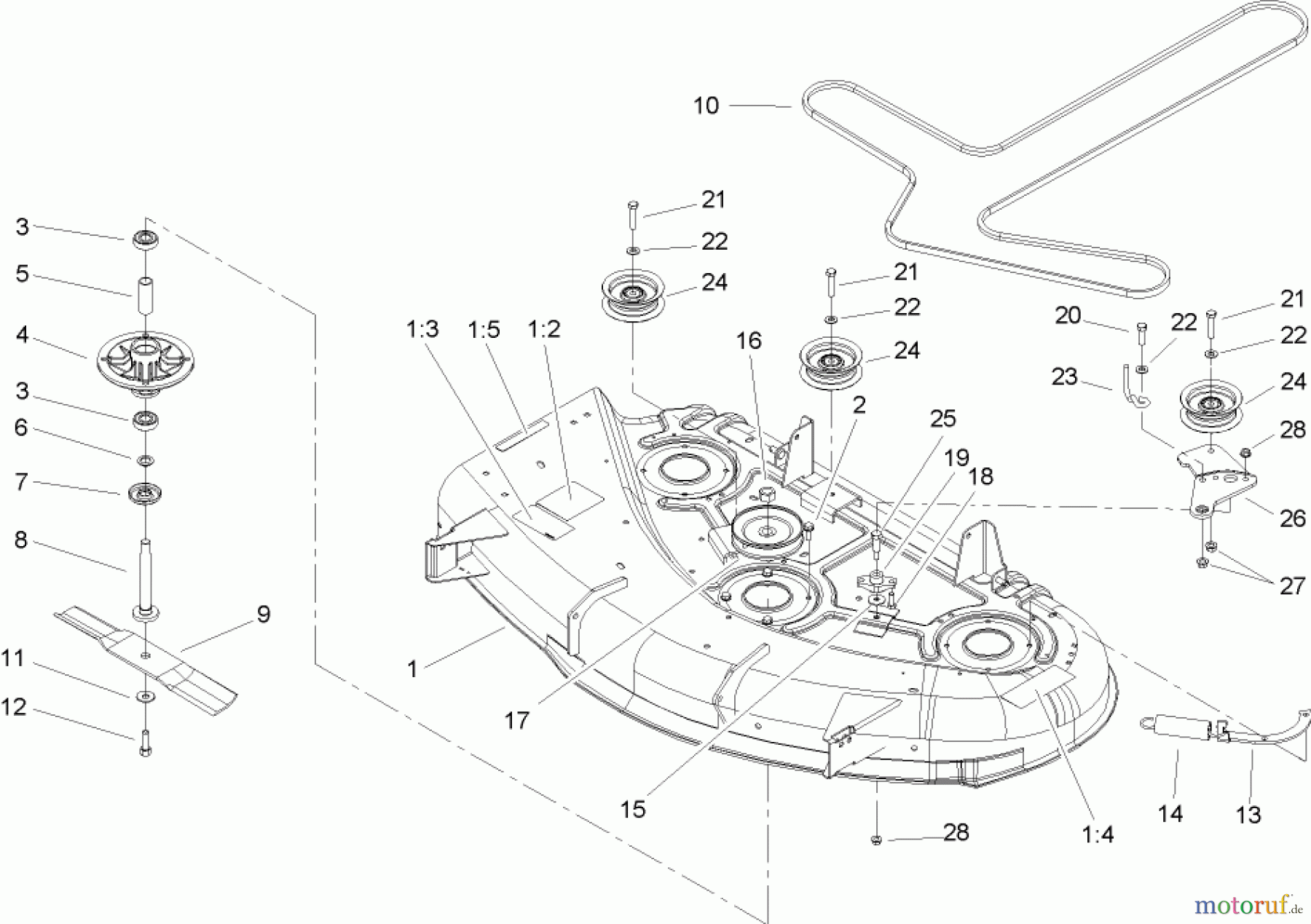 Toro Neu Mowers, Zero-Turn 74351 (18-44Z) - Toro 18-44Z TimeCutter Z Riding Mower, 2004 (240000001-240999999) DECK, SPINDLE AND BELT DRIVE ASSEMBLY