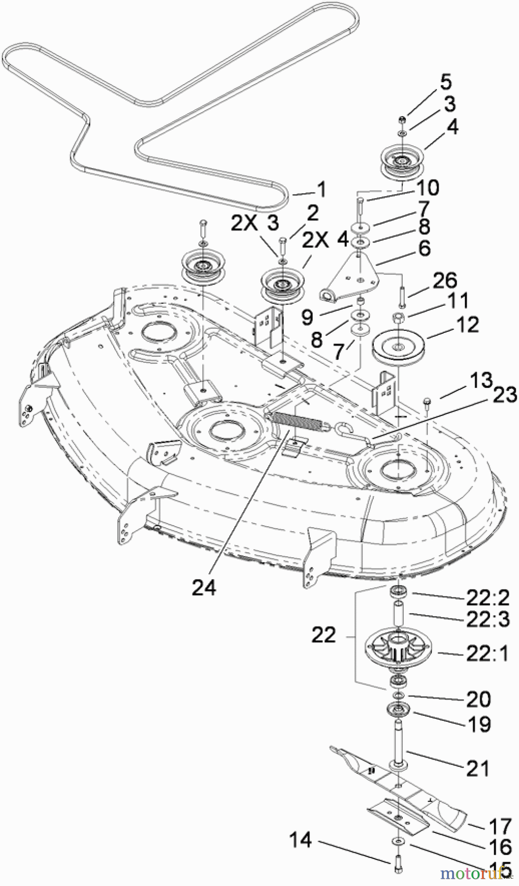 Toro Neu Mowers, Zero-Turn 74373 (Z5030) - Toro TimeCutter Z5030 Riding Mower, 2009 (290000001-290004012) 50 INCH DECK, SPINDLE AND DRIVE BELT ASSEMBLY