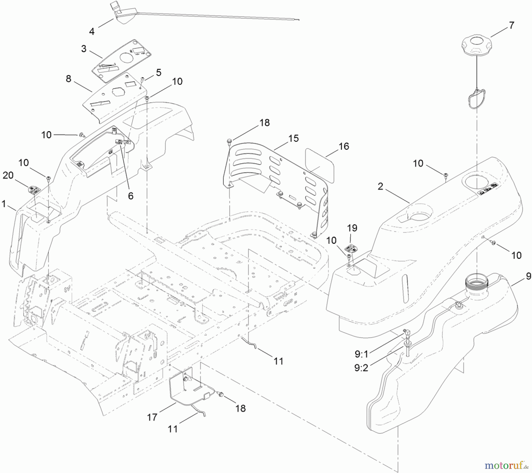 Toro Neu Mowers, Zero-Turn 74385 (ZS 3200) - Toro TimeCutter ZS 3200 Riding Mower, 2011 (311000001-311999999) BODY STYLING AND FUEL POD ASSEMBLY