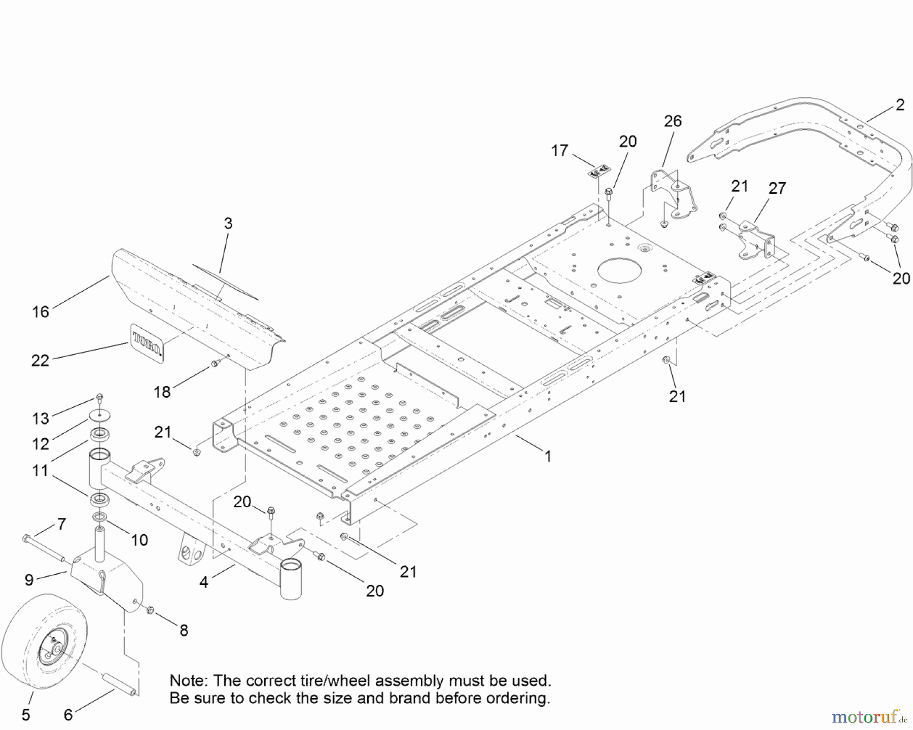  Toro Neu Mowers, Zero-Turn 74385 (ZS 3200) - Toro TimeCutter ZS 3200 Riding Mower, 2012 (SN 312000001-312999999) MAIN FRAME AND CASTER WHEEL ASSEMBLY