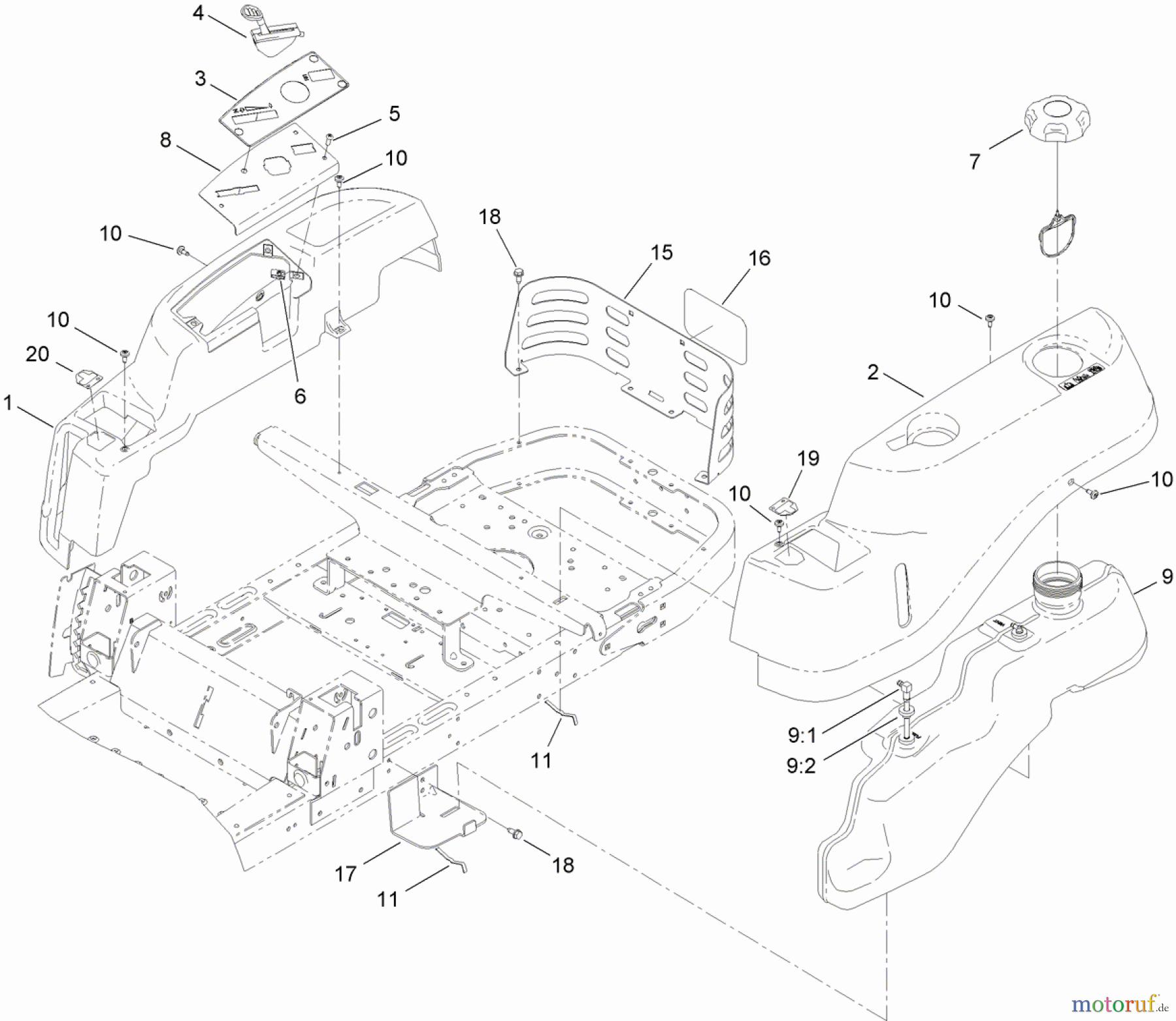 Toro Neu Mowers, Zero-Turn 74388 (ZS 3200S) - Toro TimeCutter ZS 3200S Riding Mower, 2012 (SN 312000001-312999999) BODY STYLING AND FUEL POD ASSEMBLY