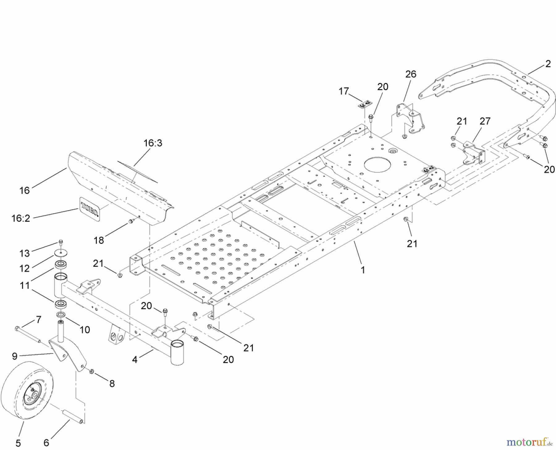 Toro Neu Mowers, Zero-Turn 74388 (ZS 3200S) - Toro TimeCutter ZS 3200S Riding Mower, 2012 (SN 312000001-312999999) FRAME, FRONT AXLE AND CASTER WHEEL ASSEMBLY