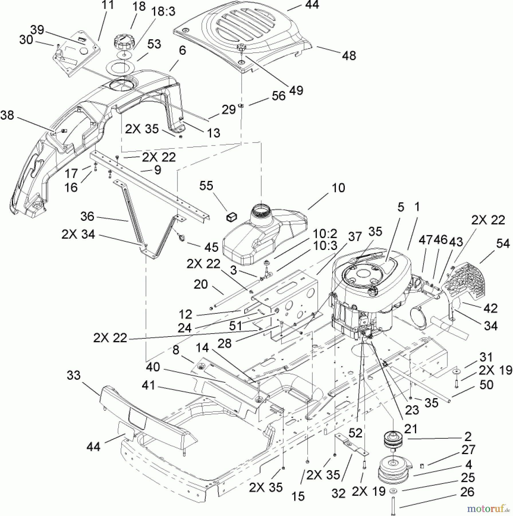 Toro Neu Mowers, Zero-Turn 74402 (14-38Z) - Toro 14-38Z TimeCutter Z Riding Mower, 2004 (240000001-240999999) ENGINE AND STYLING ASSEMBLY