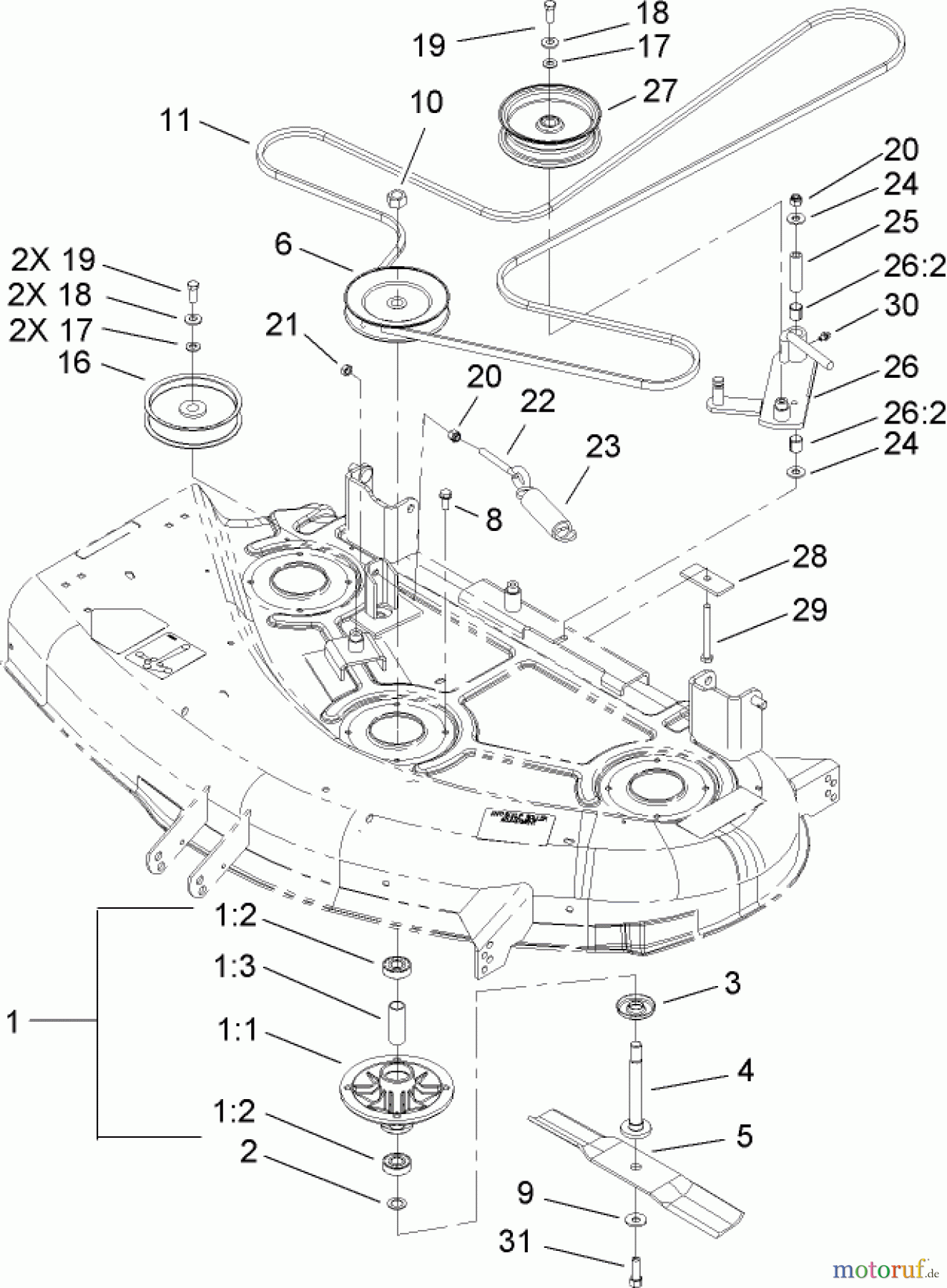 Toro Neu Mowers, Zero-Turn 74406 (ZX440) - Toro TimeCutter ZX440 Riding Mower, 2005 (250000001-250999999) 44IN DECK BELT DRIVE ASSEMBLY