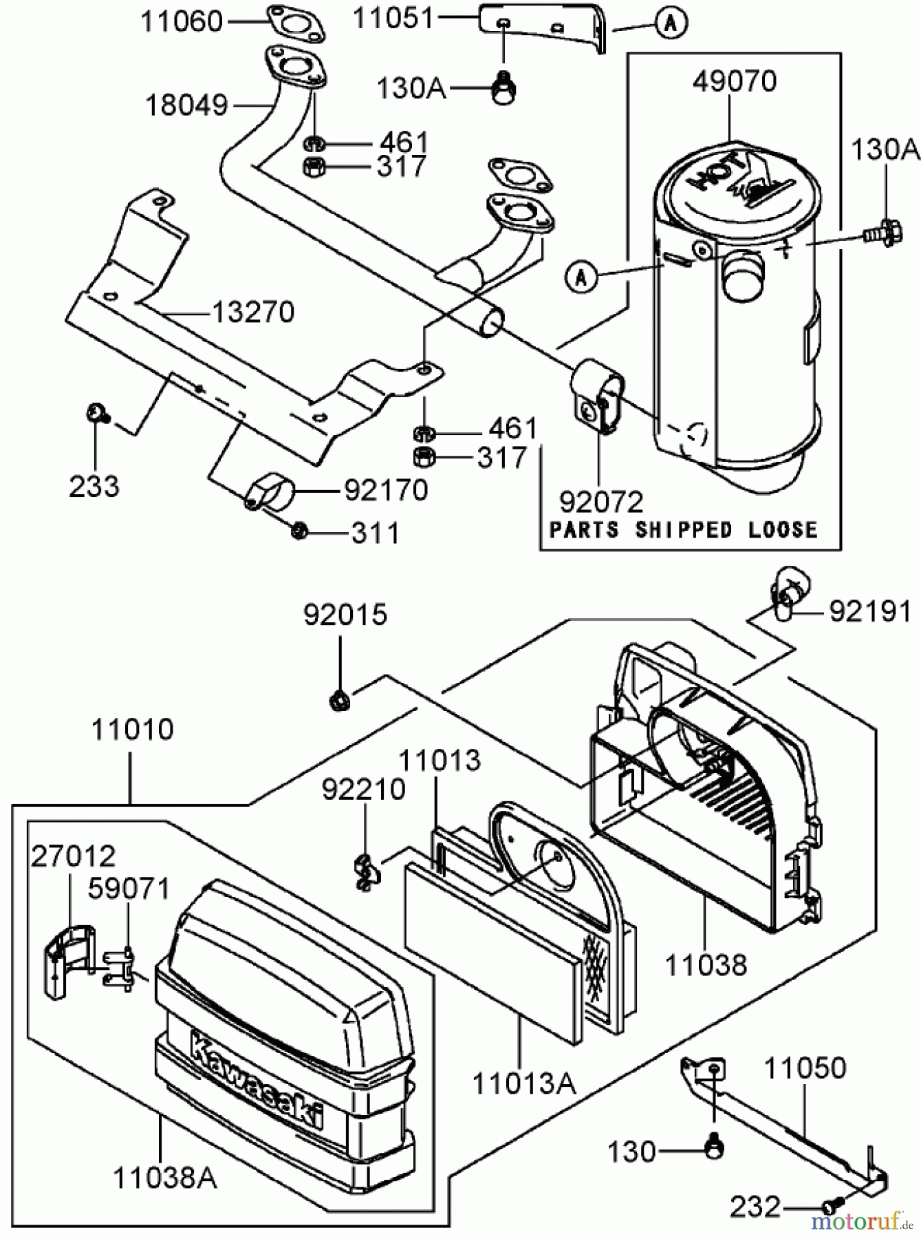  Toro Neu Mowers, Zero-Turn 74406 (ZX440) - Toro TimeCutter ZX440 Riding Mower, 2005 (250000001-250999999) AIR FILTER AND MUFFLER ASSEMBLY KAWASAKI FH541V-AS50