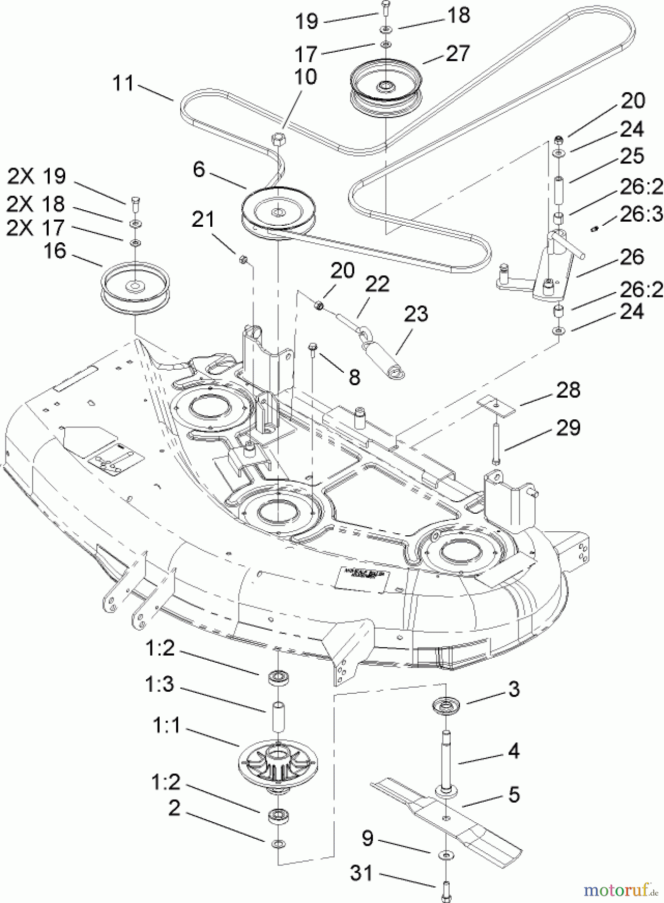 Toro Neu Mowers, Zero-Turn 74406 (ZX440) - Toro TimeCutter ZX440 Riding Mower, 2006 (260000001-260000240) 44IN DECK BELT DRIVE ASSEMBLY