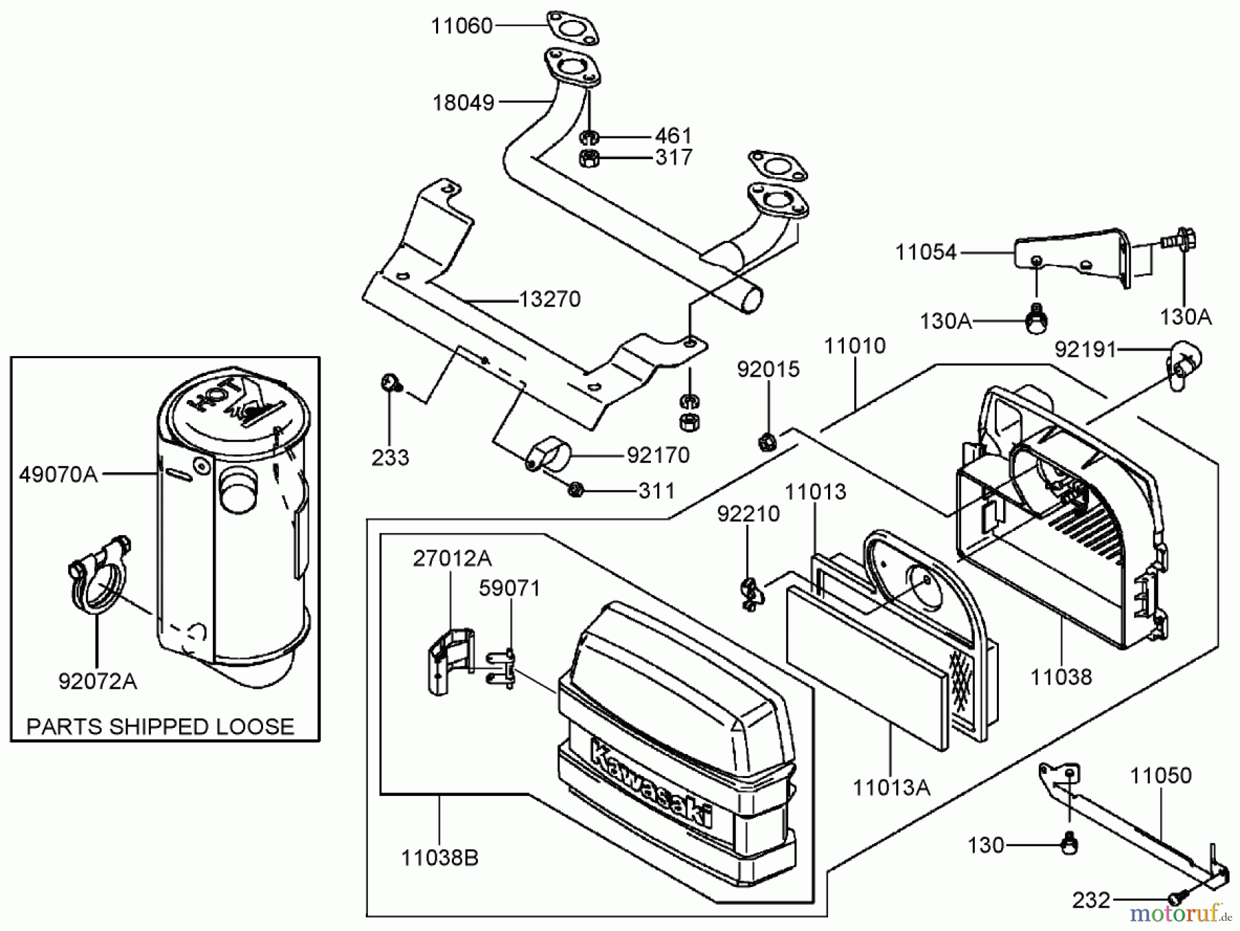 Toro Neu Mowers, Zero-Turn 74406 (ZX440) - Toro TimeCutter ZX440 Riding Mower, 2006 (260000001-260000240) AIR FILTER AND MUFFLER ASSEMBLY KAWASAKI FH541V-BS50-R