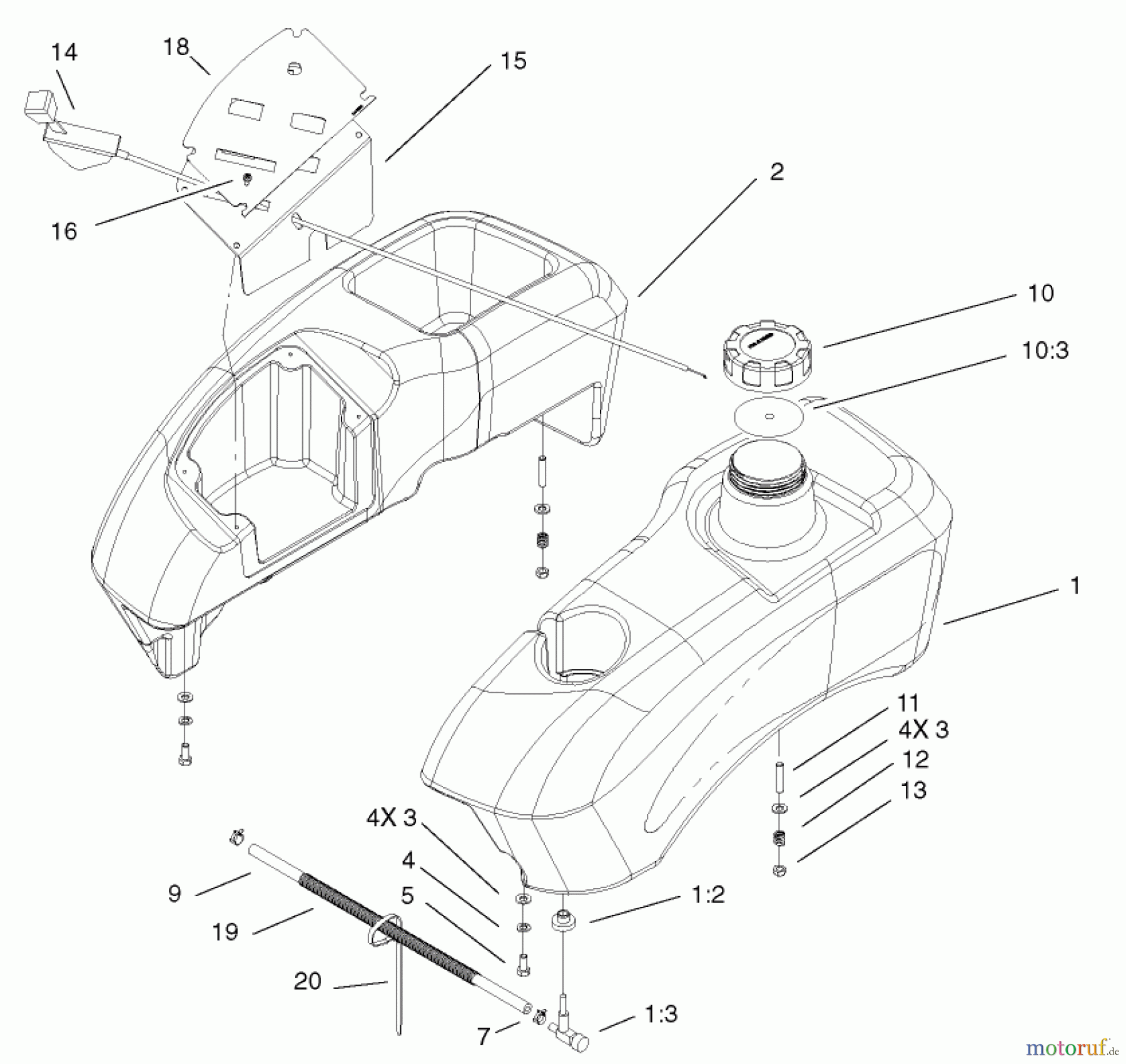  Toro Neu Mowers, Zero-Turn 74601 (Z17-44) - Toro Z17-44 TimeCutter Z Riding Mower, 2002 (220000913-220999999) FUEL TANK ASSEMBLY