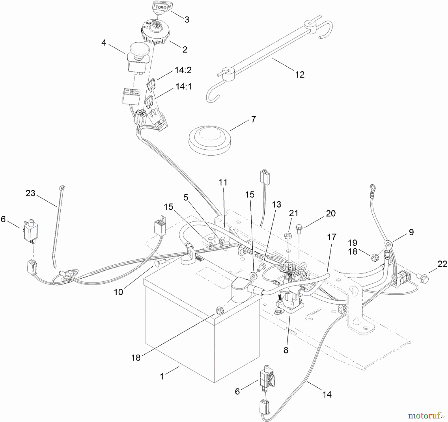Toro Neu Mowers, Zero-Turn 74621 (3200) - Toro TimeCutter SS 3200 Riding Mower, 2012 (SN 312000001-312999999) BATTERY AND ELECTRICAL ASSEMBLY