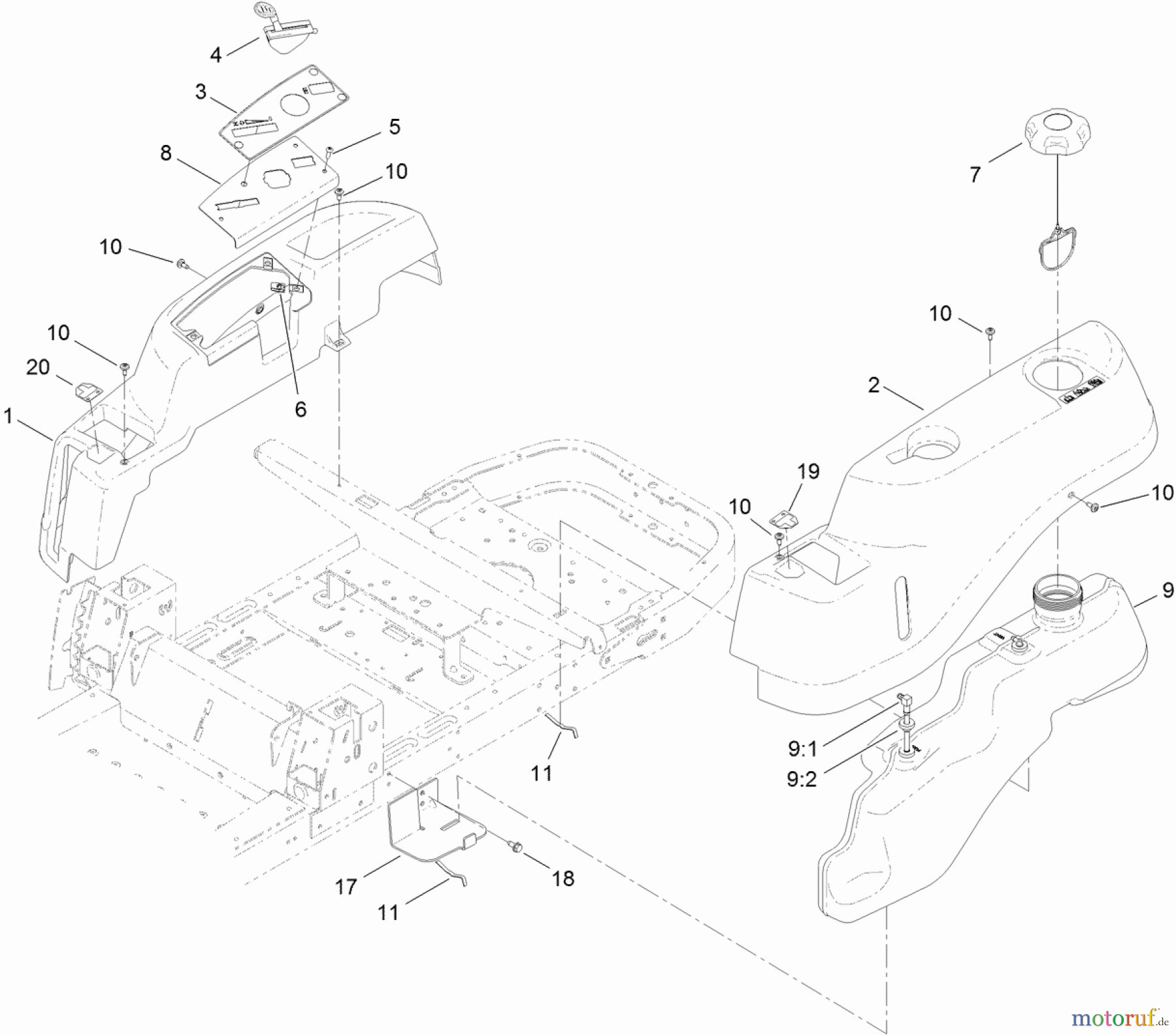 Toro Neu Mowers, Zero-Turn 74623 (4200) - Toro TimeCutter SS 4200 Riding Mower, 2012 (SN 312000001-312999999) BODY STYLING AND FUEL TANK ASSEMBLY