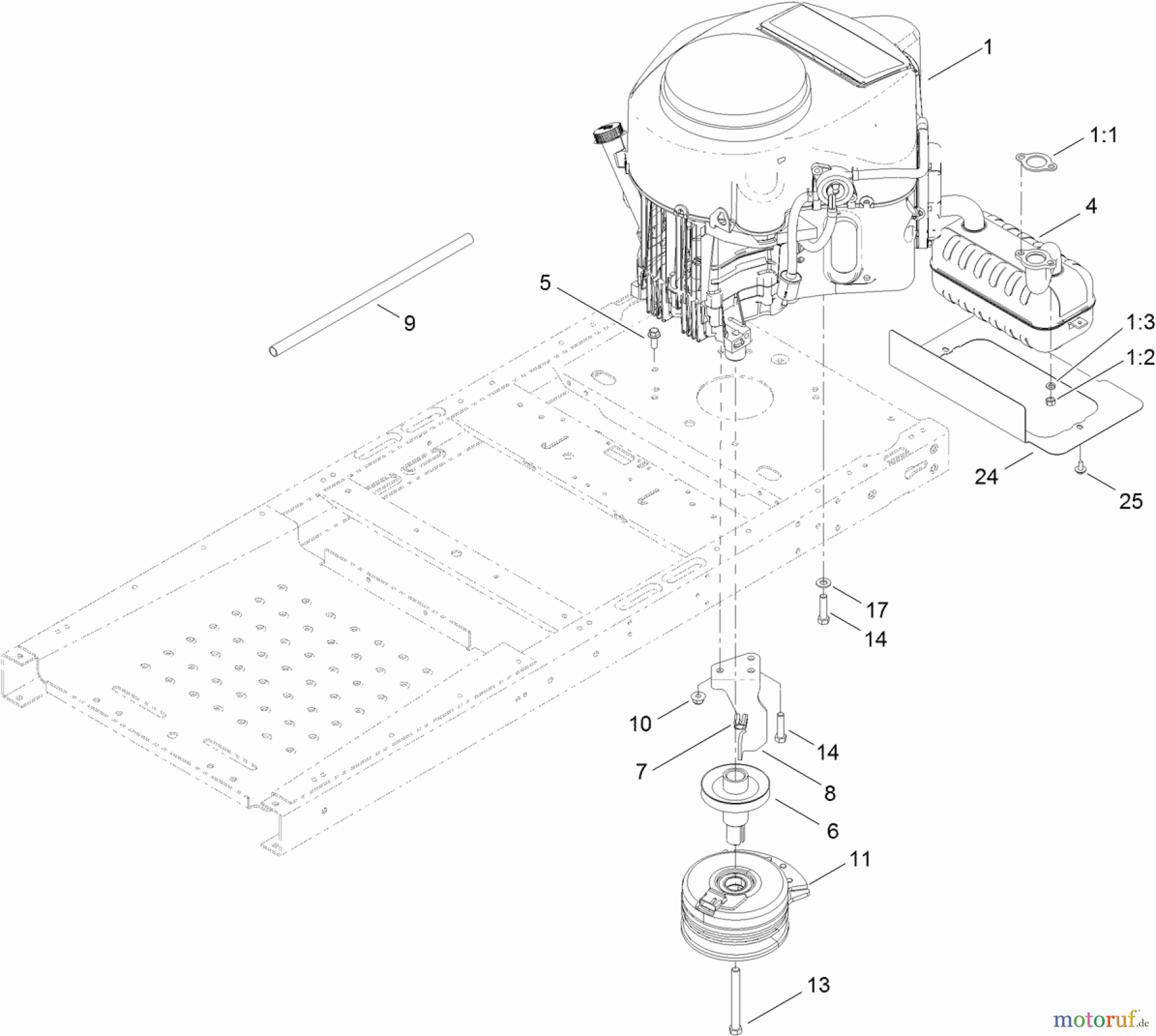 Toro Neu Mowers, Zero-Turn 74625 (4235) - Toro TimeCutter SS 4235 Riding Mower, 2011 (311000001-311999999) ENGINE, MUFFLER AND CLUTCH ASSEMBLY