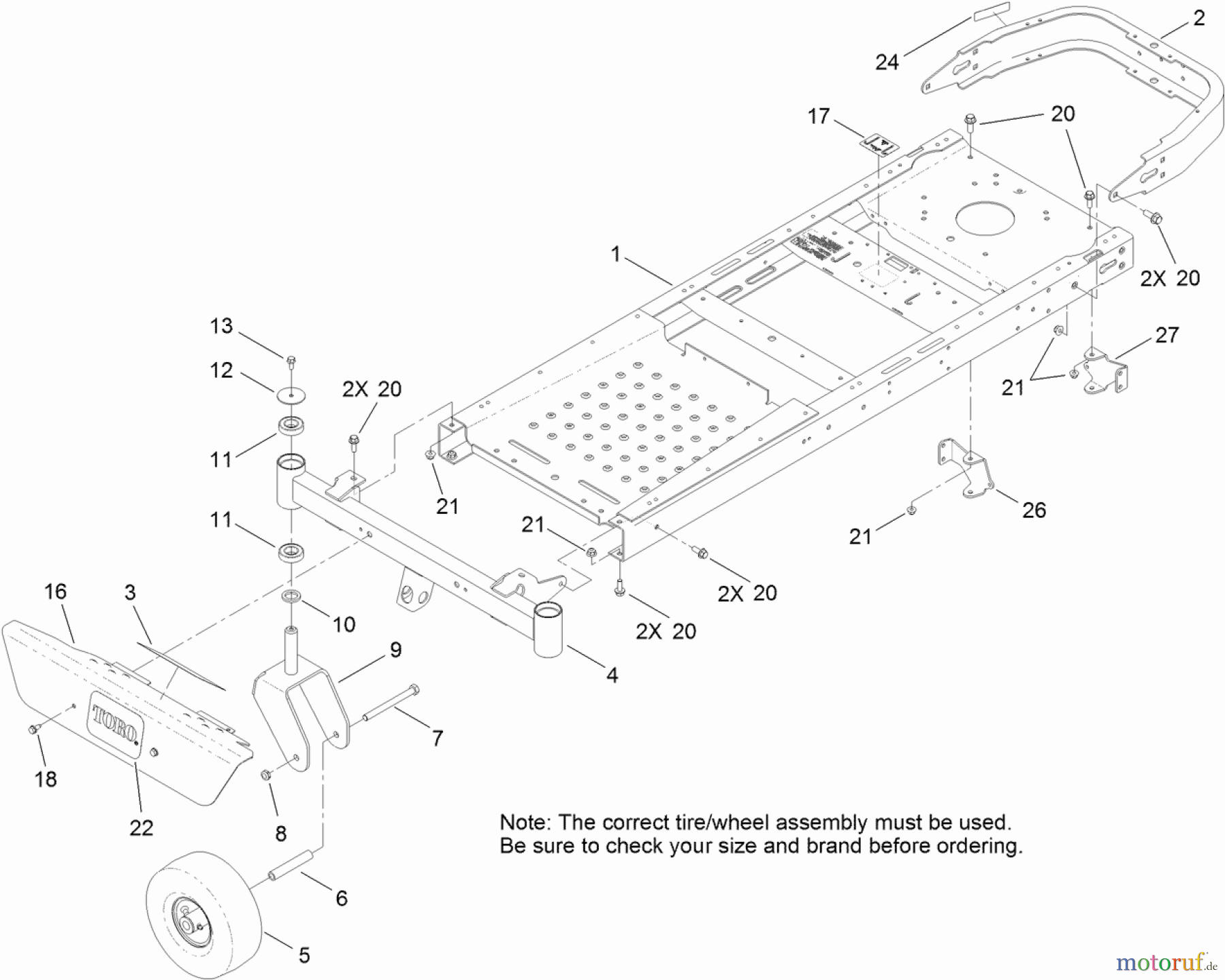 Toro Neu Mowers, Zero-Turn 74625 (4235) - Toro TimeCutter SS 4235 Riding Mower, 2011 (311000001-311999999) FRAME, FRONT AXLE AND CASTER WHEEL ASSEMBLY
