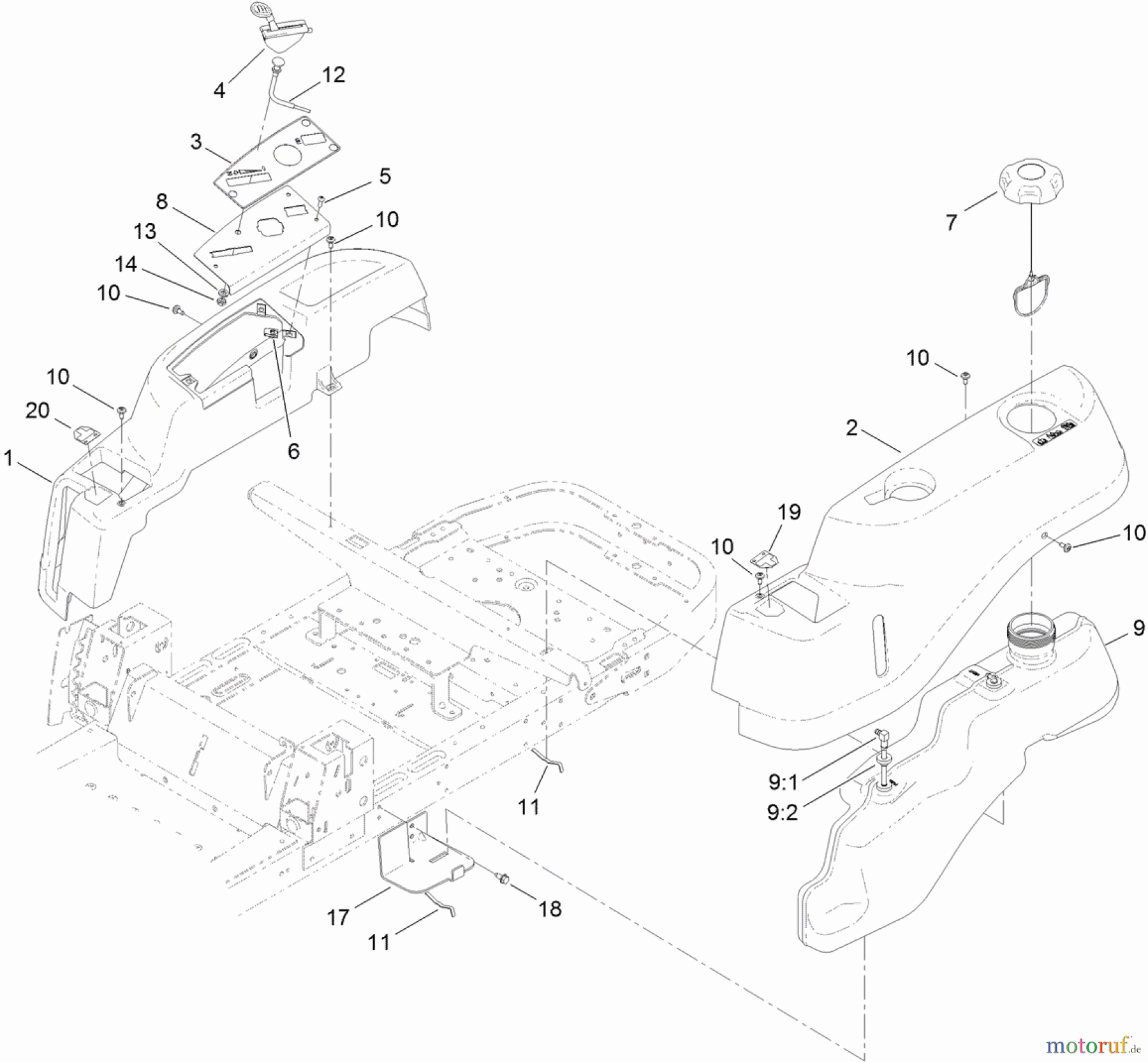 Toro Neu Mowers, Zero-Turn 74627 (4235) - Toro TimeCutter SS 4235 Riding Mower, 2012 (SN 312000001-312999999) BODY STYLING AND FUEL TANK ASSEMBLY