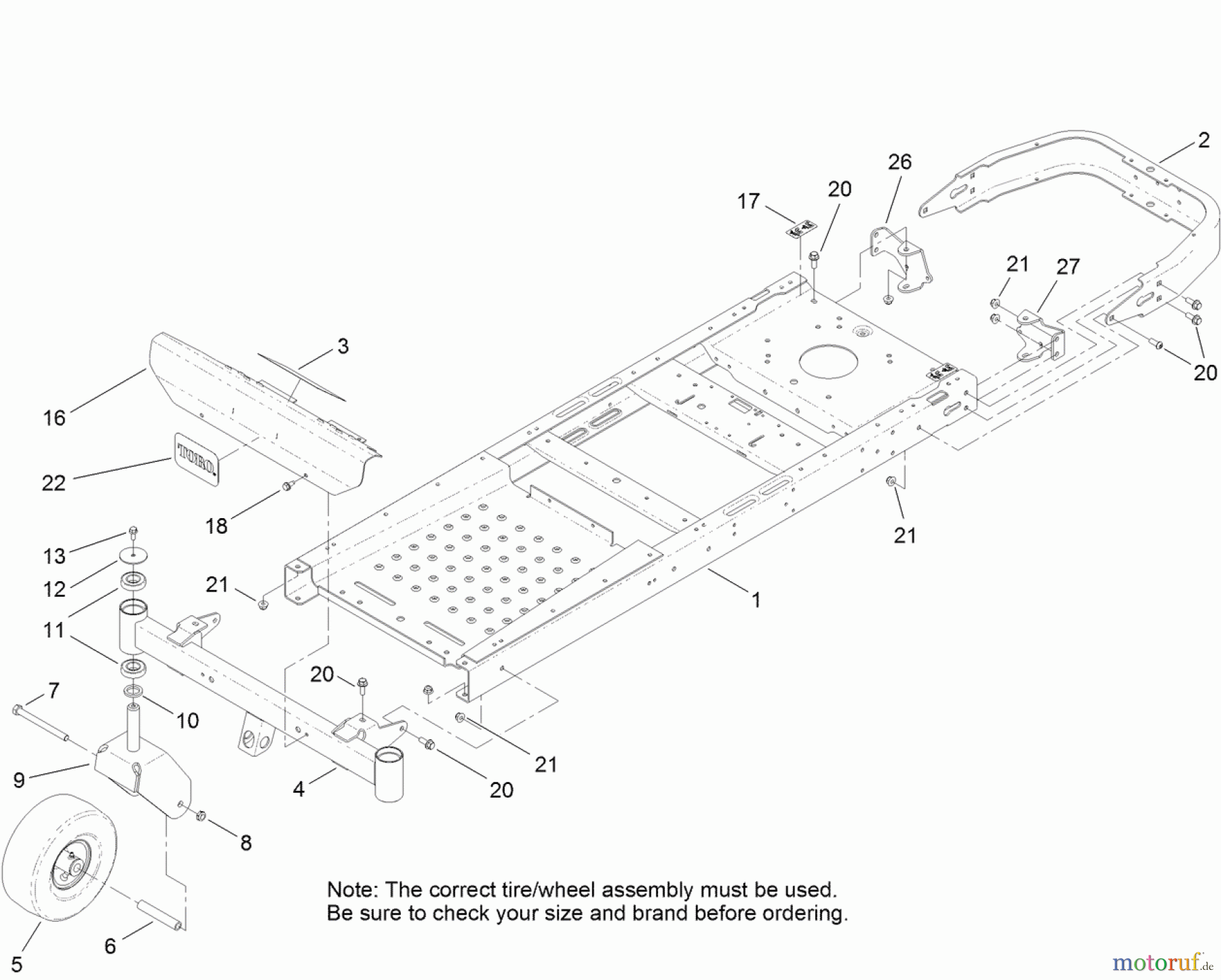 Toro Neu Mowers, Zero-Turn 74627 (4235) - Toro TimeCutter SS 4235 Riding Mower, 2012 (SN 312000001-312999999) FRAME, FRONT AXLE AND CASTER WHEEL ASSEMBLY