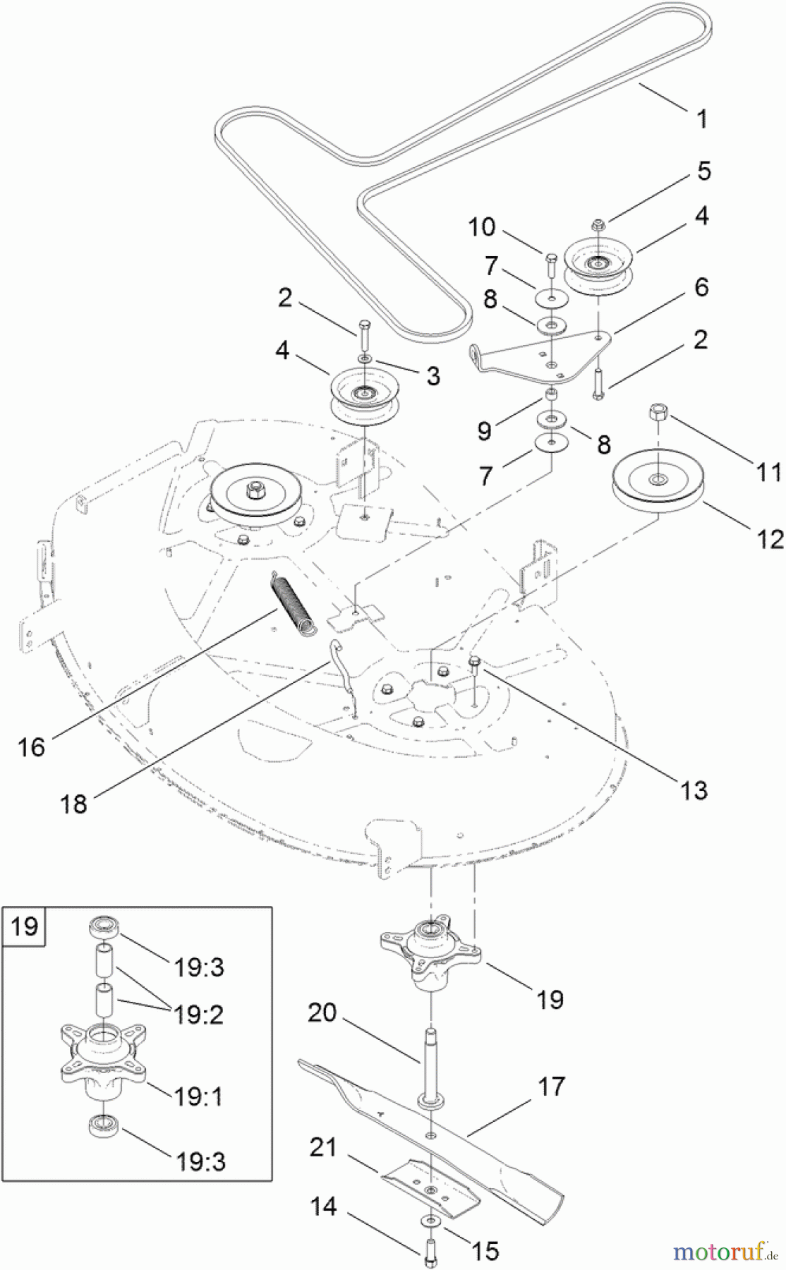 Toro Neu Mowers, Zero-Turn 74628 (4235) - Toro TimeCutter SS 4235 Riding Mower, 2012 (SN 312000001-312999999) 42 INCH DECK BELT, SPINDLE AND BLADE ASSEMBLY