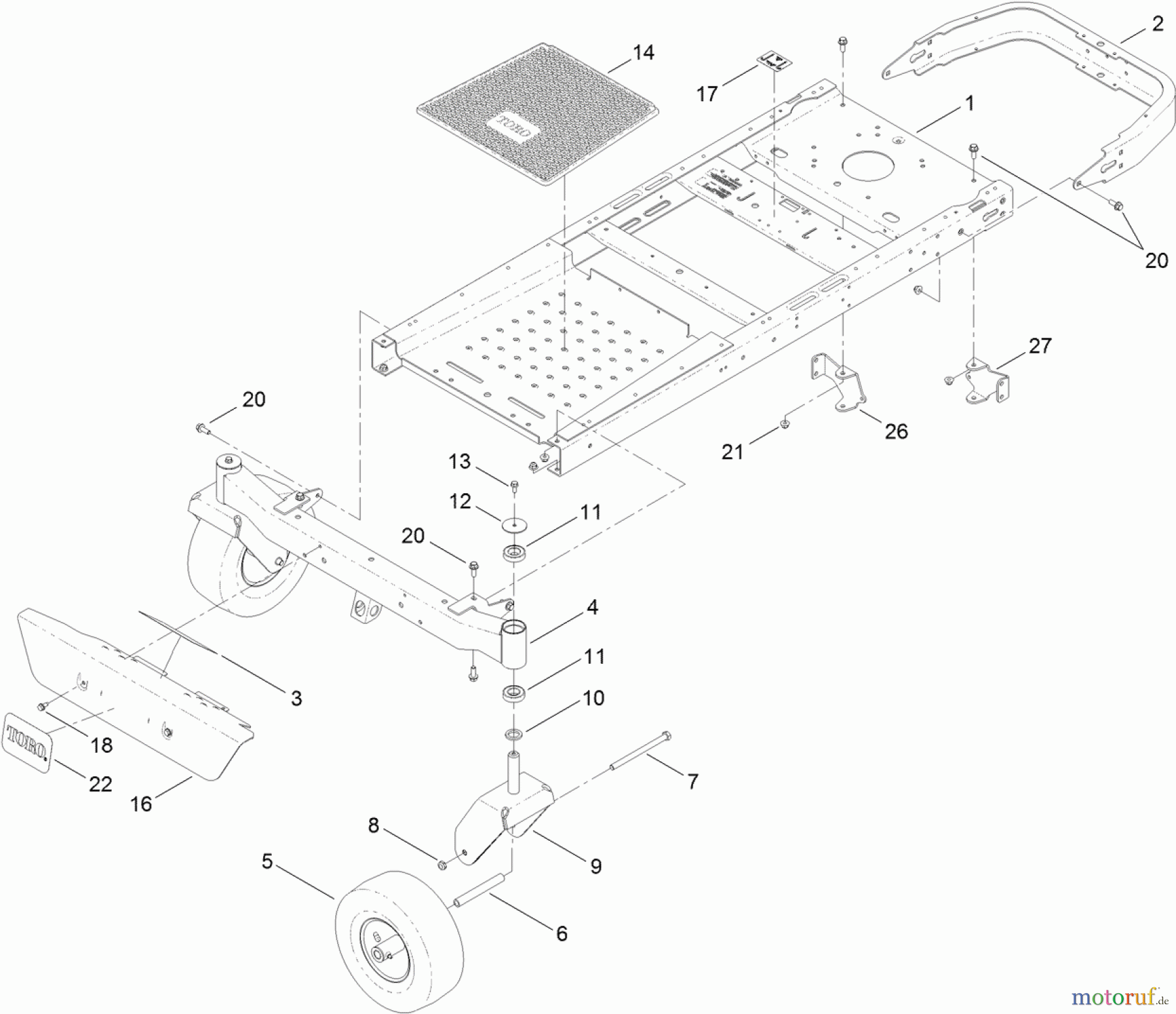 Toro Neu Mowers, Zero-Turn 74632 (5060) - Toro TimeCutter SS 5060 Riding Mower, 2011 (311000001-311999999) FRAME, FRONT AXLE AND CASTER WHEEL ASSEMBLY