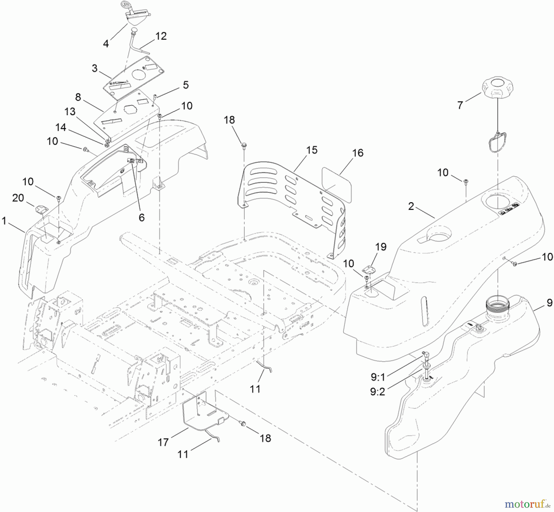 Toro Neu Mowers, Zero-Turn 74640 (4260) - Toro TimeCutter MX 4260 Riding Mower, 2012 (SN 312000001-312999999) BODY STYLING AND FUEL POD ASSEMBLY