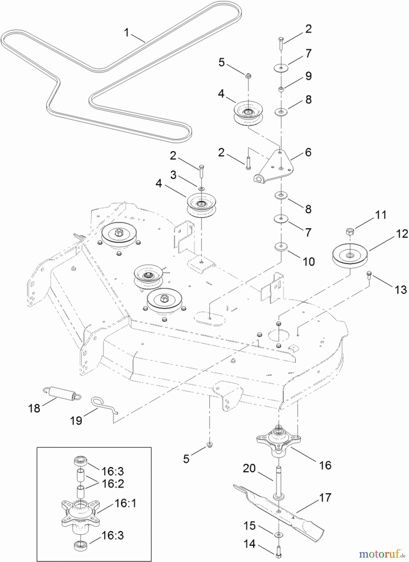 Toro Neu Mowers, Zero-Turn 74641 (5060) - Toro TimeCutter MX 5060 Riding Mower, 2012 (SN 312000001-312999999) 50 INCH DECK BELT, SPINDLE AND BLADE ASSEMBLY