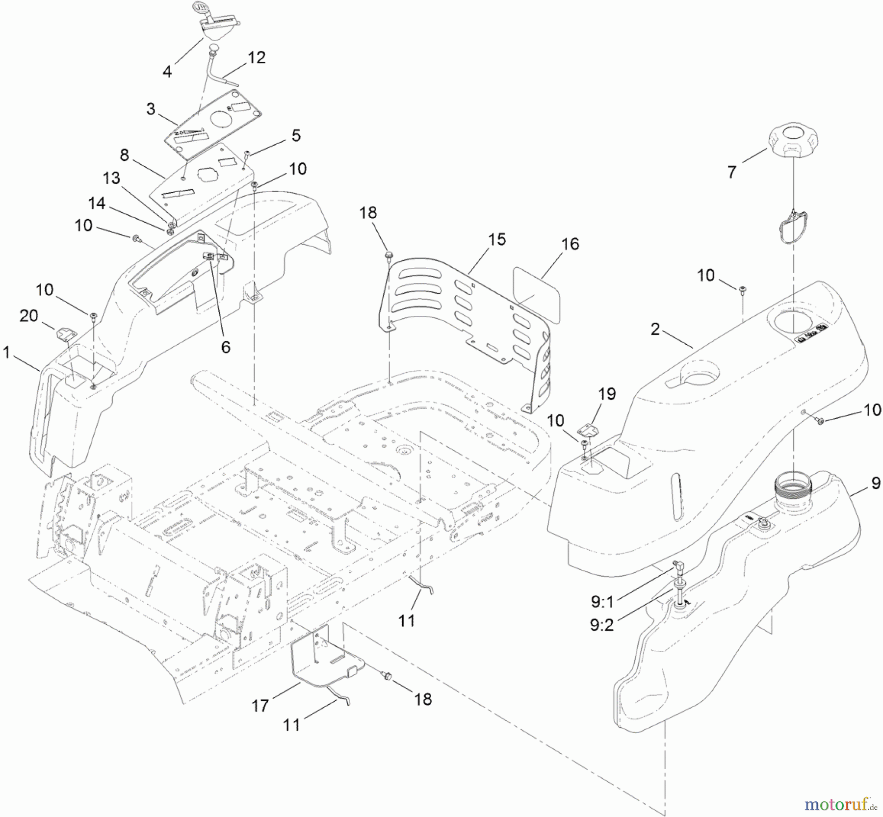 Toro Neu Mowers, Zero-Turn 74641 (5060) - Toro TimeCutter MX 5060 Riding Mower, 2012 (SN 312000001-312999999) BODY STYLING AND FUEL POD ASSEMBLY