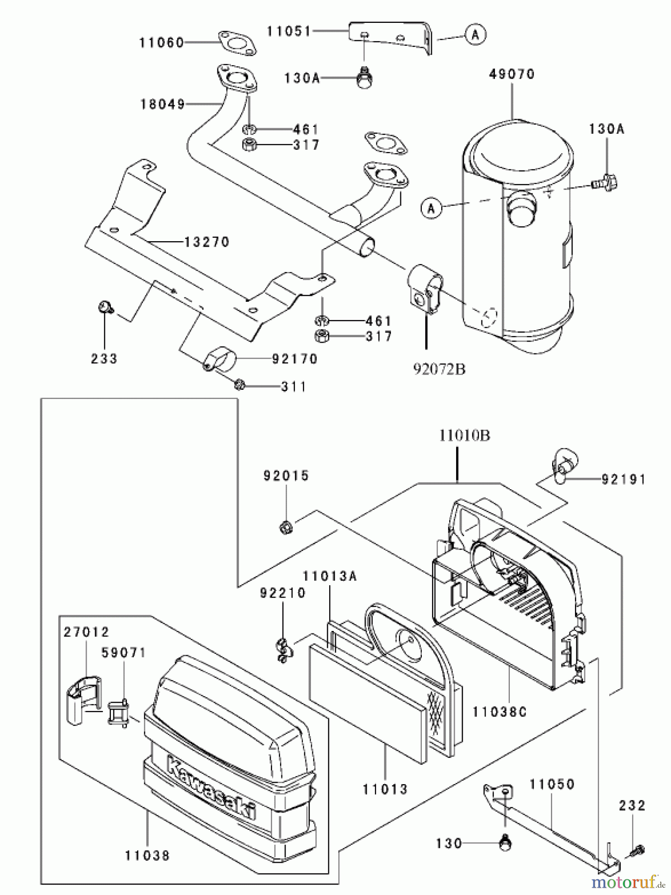  Toro Neu Mowers, Zero-Turn 74801 (18-52ZX) - Toro 18-52ZX TimeCutter ZX Riding Mower, 2003 (230000001-230999999) AIR FILTER / MUFFLER ASSEMBLY KAWASAKI FH531V-CS07