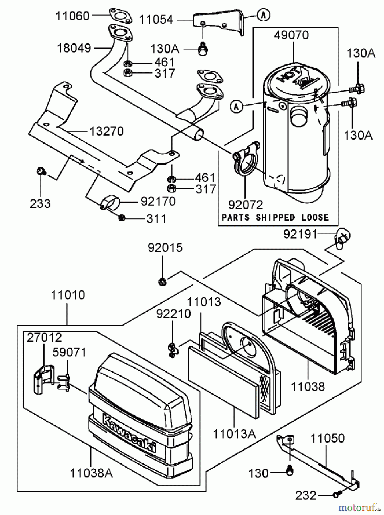  Toro Neu Mowers, Zero-Turn 74806 (ZX525) - Toro TimeCutter ZX525 Riding Mower, 2006 (260000001-260999999) AIR FILTER AND MUFFLER ASSEMBLY KAWASAKI FH580V-CS13-R