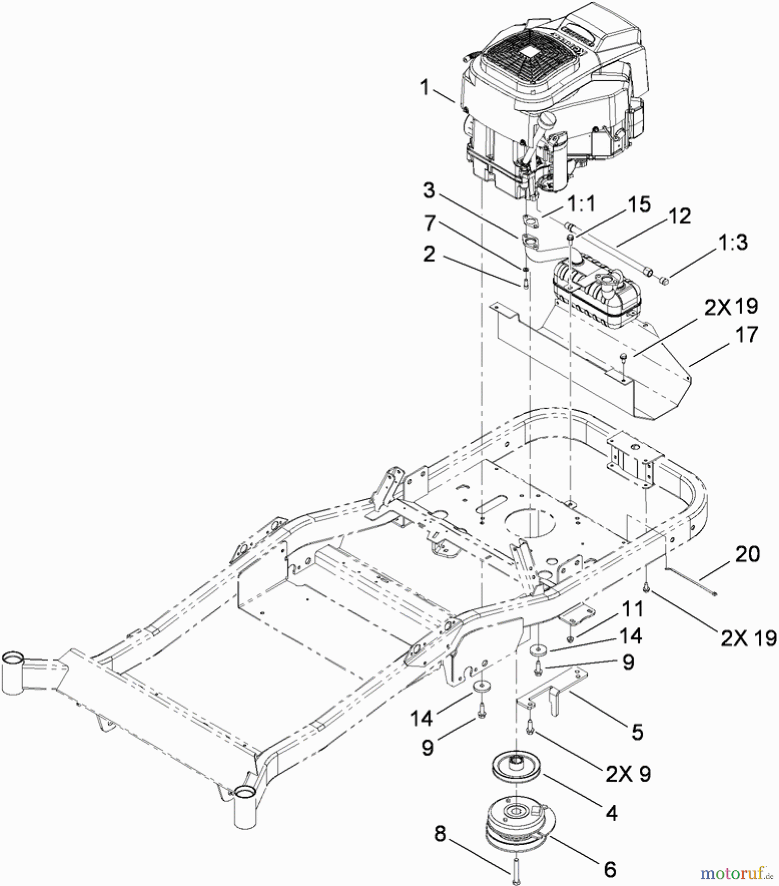 Toro Neu Mowers, Zero-Turn 74822 (ZX5400) - Toro TITAN ZX5400 Zero-Turn-Radius Riding Mower, 2009 (290000001-290999999) ENGINE, CLUTCH AND EXHAUST ASSEMBLY
