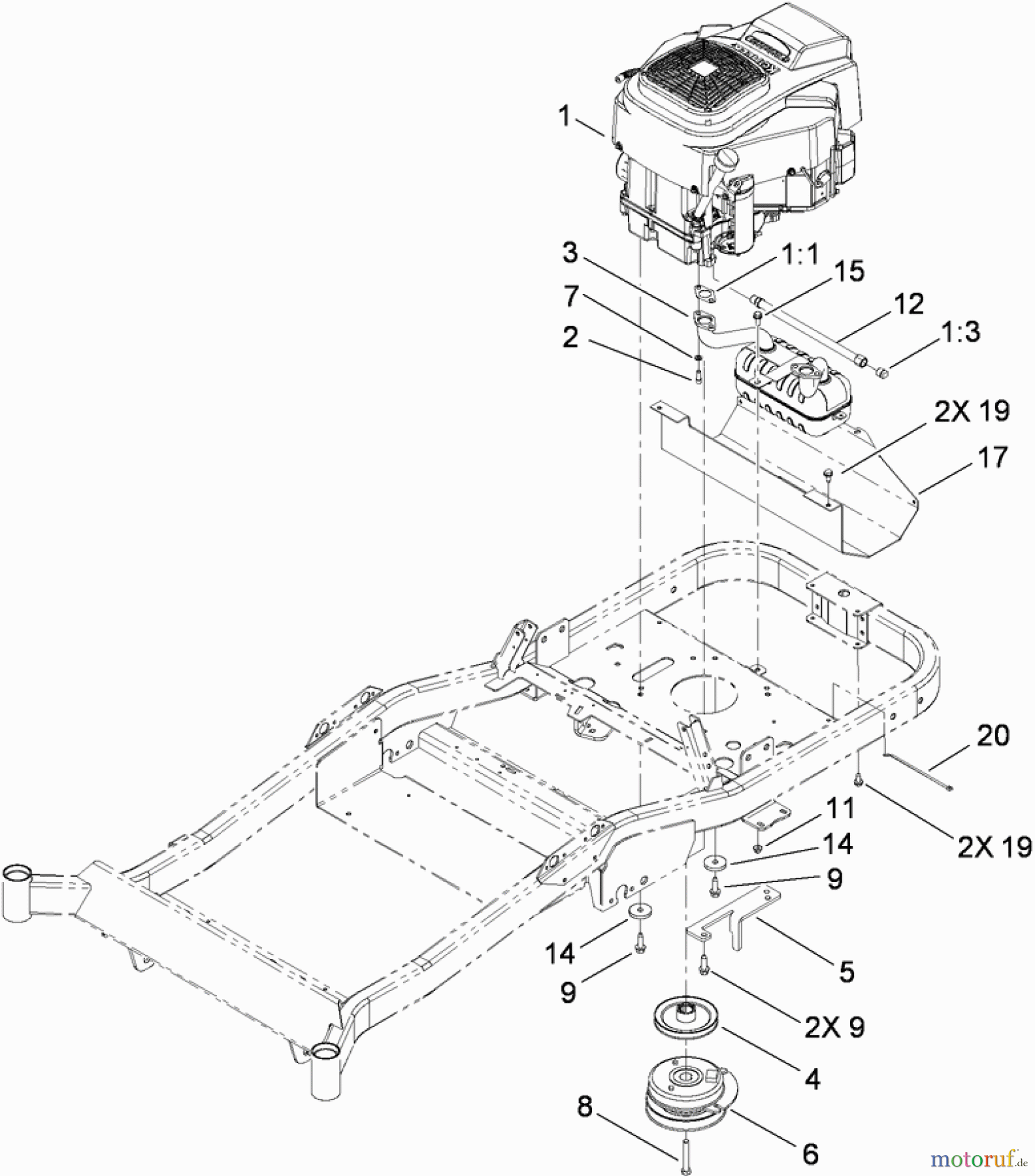 Toro Neu Mowers, Zero-Turn 74823 (ZX6000) - Toro TITAN ZX6000 Zero-Turn-Radius Riding Mower, 2009 (290000001-290999999) ENGINE, CLUTCH AND EXHAUST ASSEMBLY