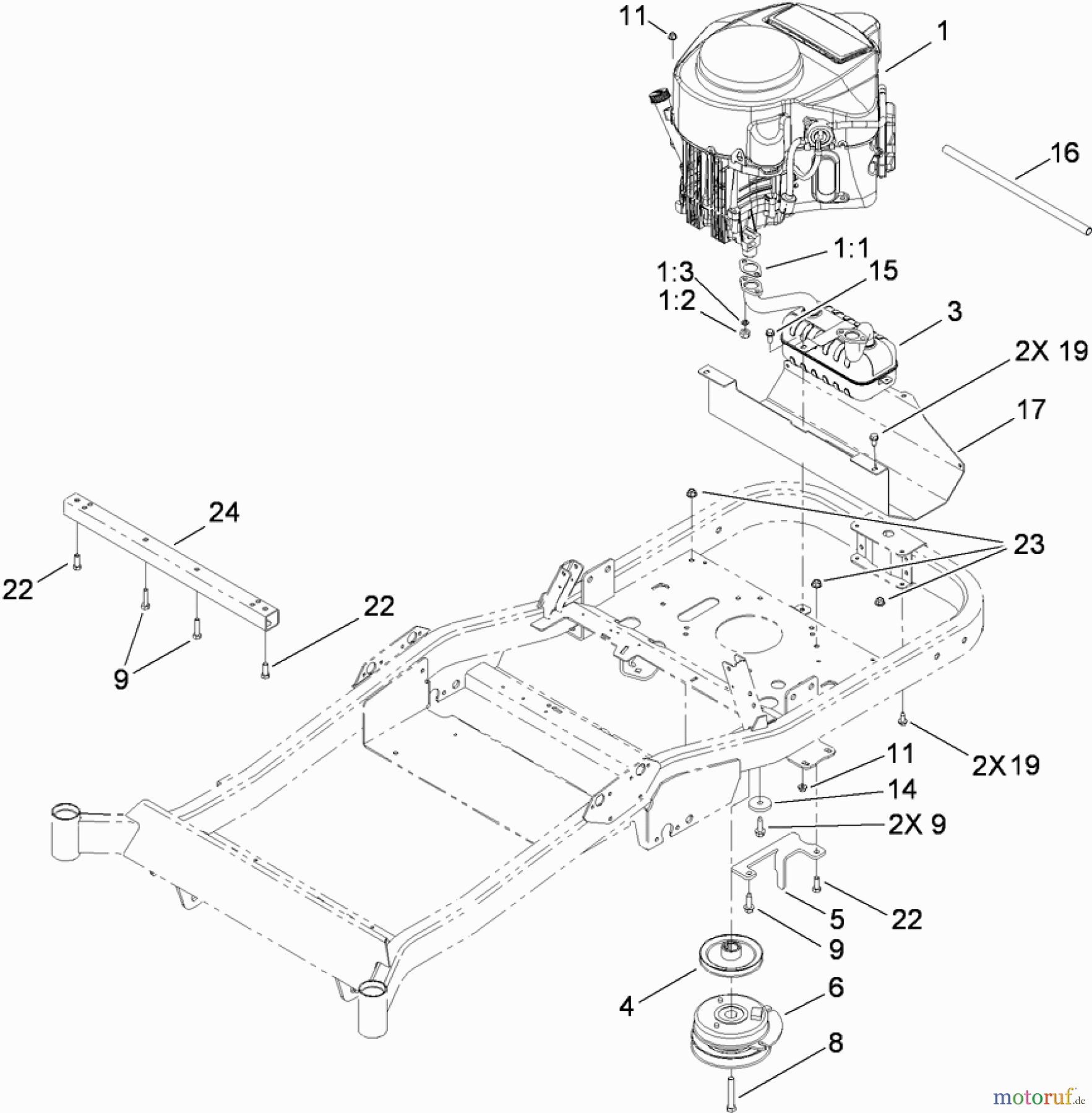 Toro Neu Mowers, Zero-Turn 74824 (ZX6050) - Toro TITAN ZX6050 Zero-Turn-Radius Riding Mower, 2009 (290000001-290999999) ENGINE, CLUTCH AND EXHAUST ASSEMBLY